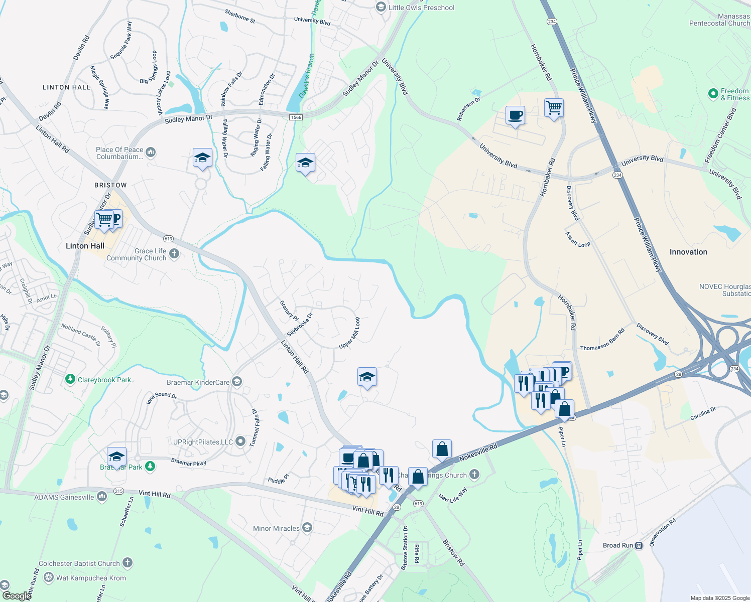map of restaurants, bars, coffee shops, grocery stores, and more near 9629 Looking Glass Court in Bristow