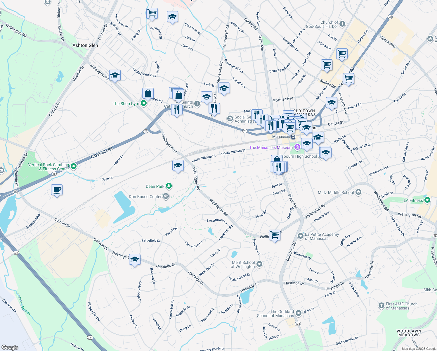 map of restaurants, bars, coffee shops, grocery stores, and more near 9512 McKinley Ave in Manassas
