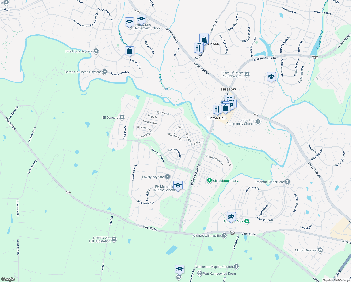 map of restaurants, bars, coffee shops, grocery stores, and more near 9627 Innerwick Place in Bristow