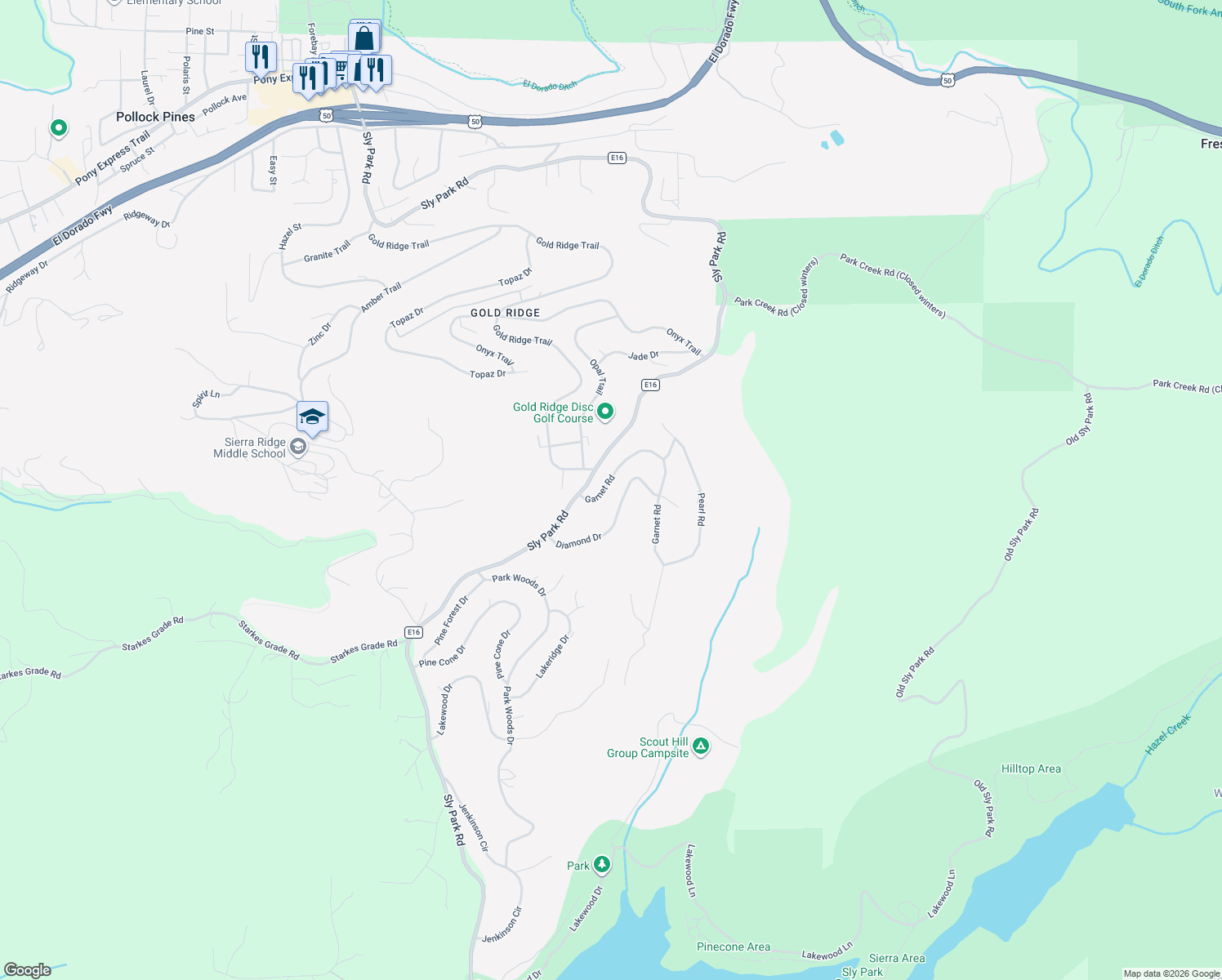 map of restaurants, bars, coffee shops, grocery stores, and more near 3997 Garnet Road in Pollock Pines