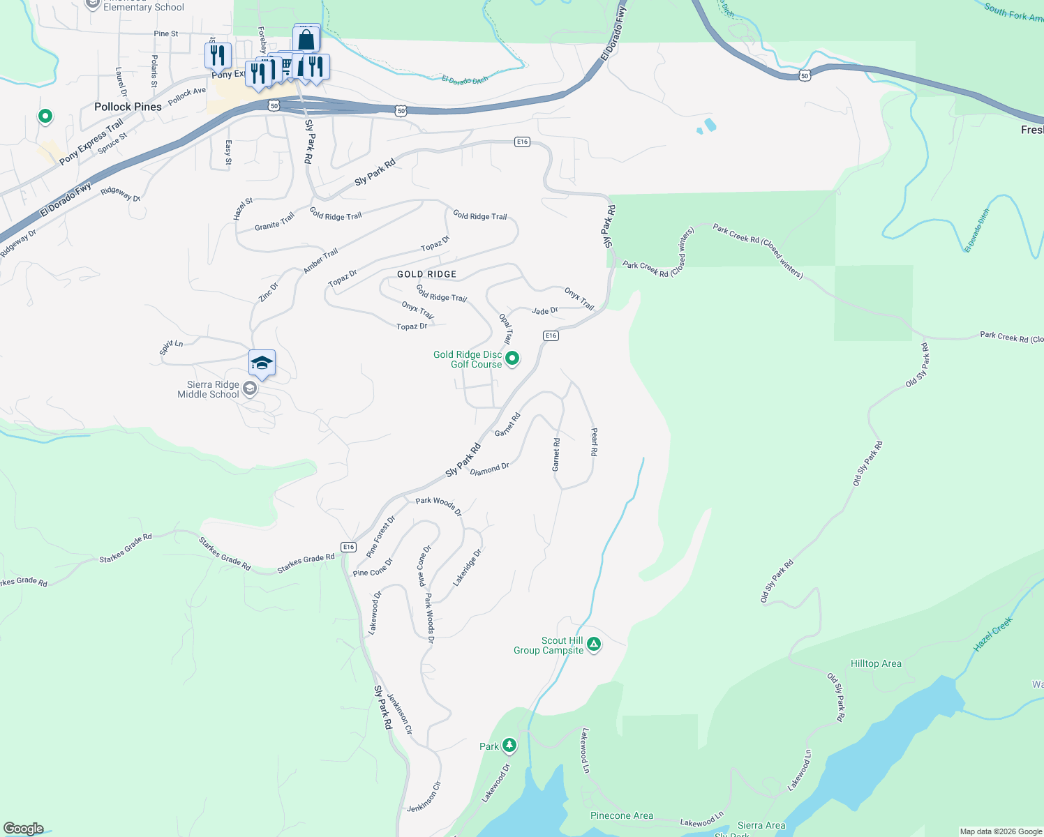 map of restaurants, bars, coffee shops, grocery stores, and more near 3997 Garnet Road in Pollock Pines