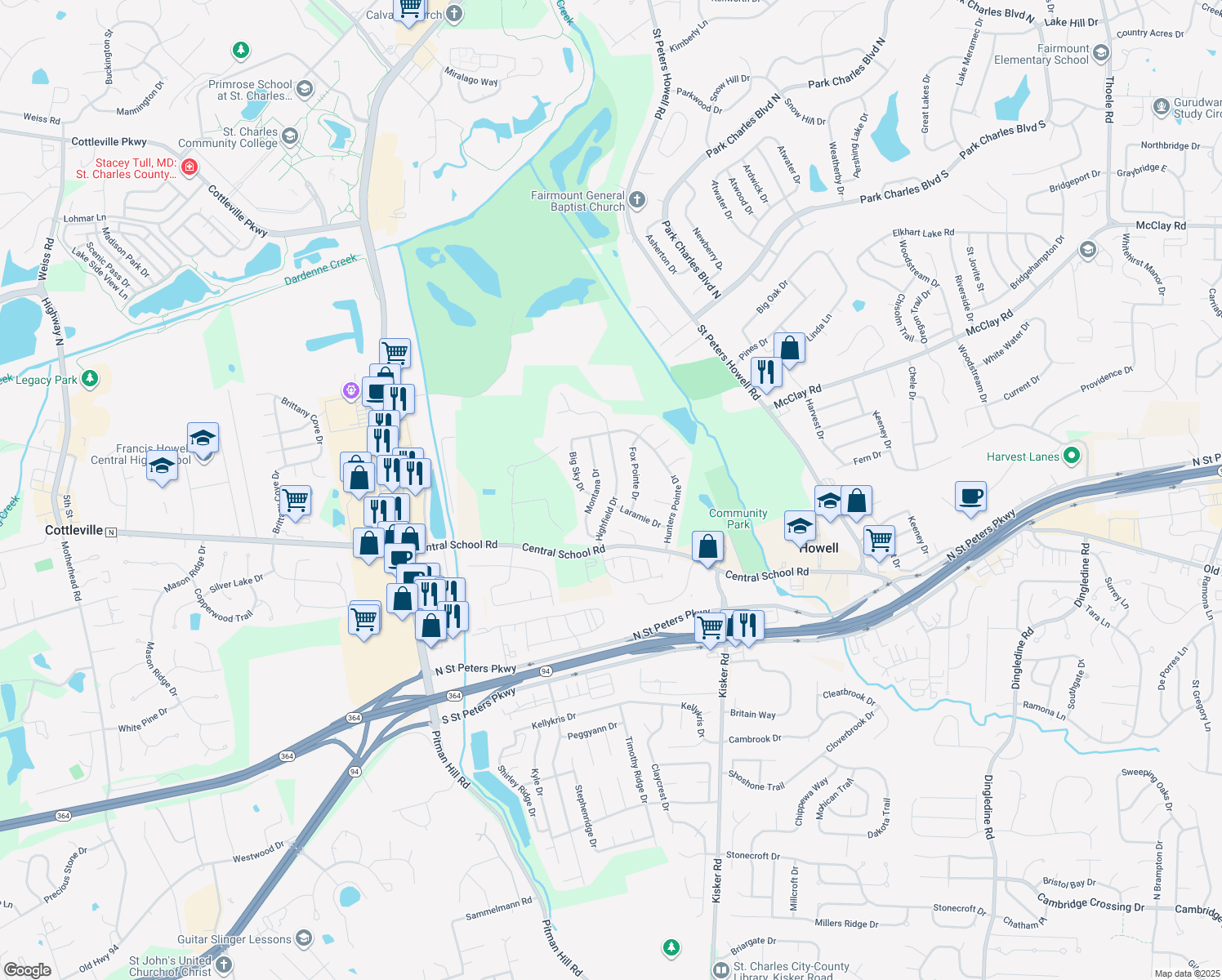 map of restaurants, bars, coffee shops, grocery stores, and more near 533 Highfield Drive in Saint Charles