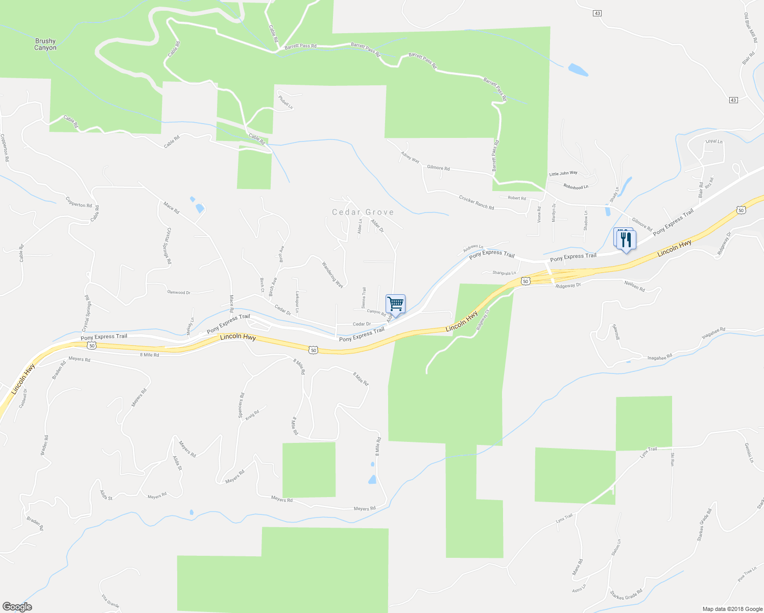 map of restaurants, bars, coffee shops, grocery stores, and more near 2929 Madrone Drive in Camino