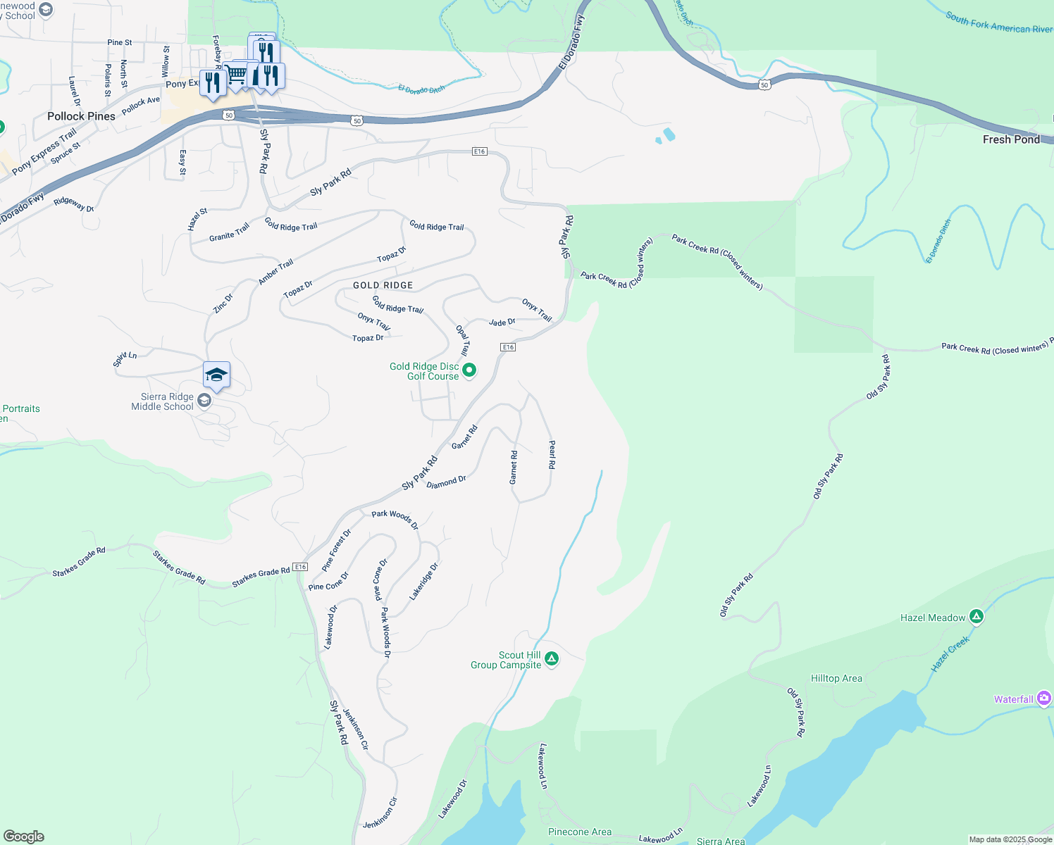 map of restaurants, bars, coffee shops, grocery stores, and more near 3892 Garnet Road in Pollock Pines