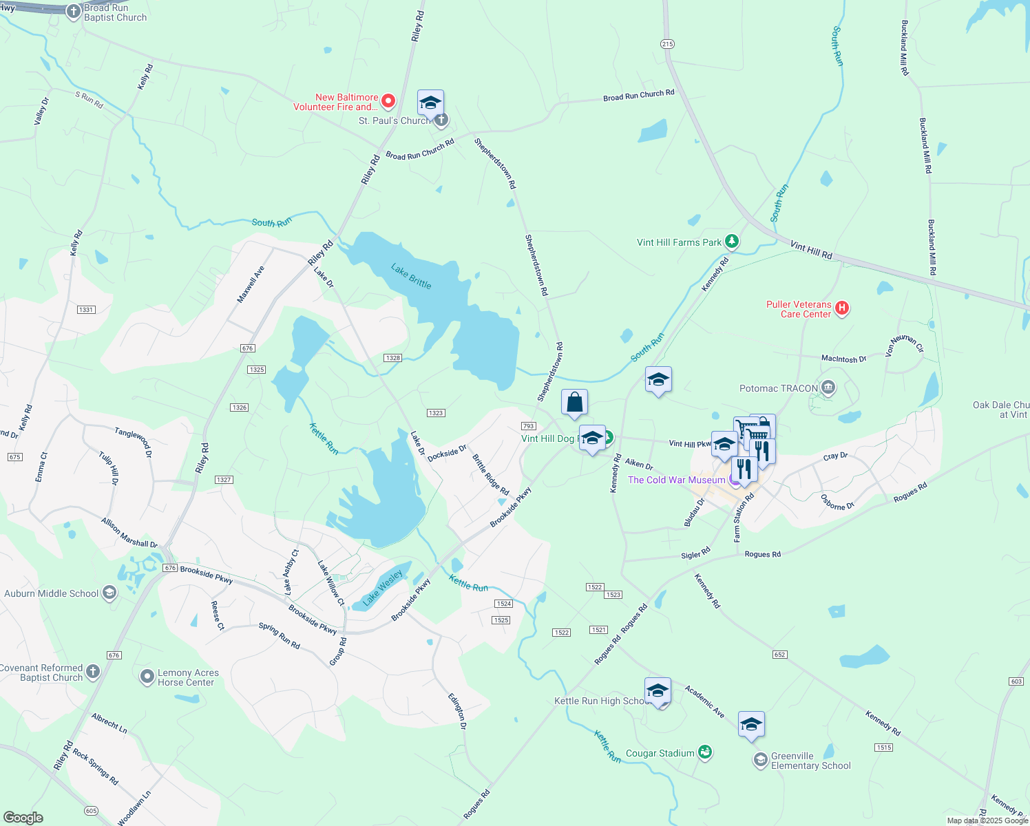 map of restaurants, bars, coffee shops, grocery stores, and more near 4341 Lake Brittle Road in Warrenton