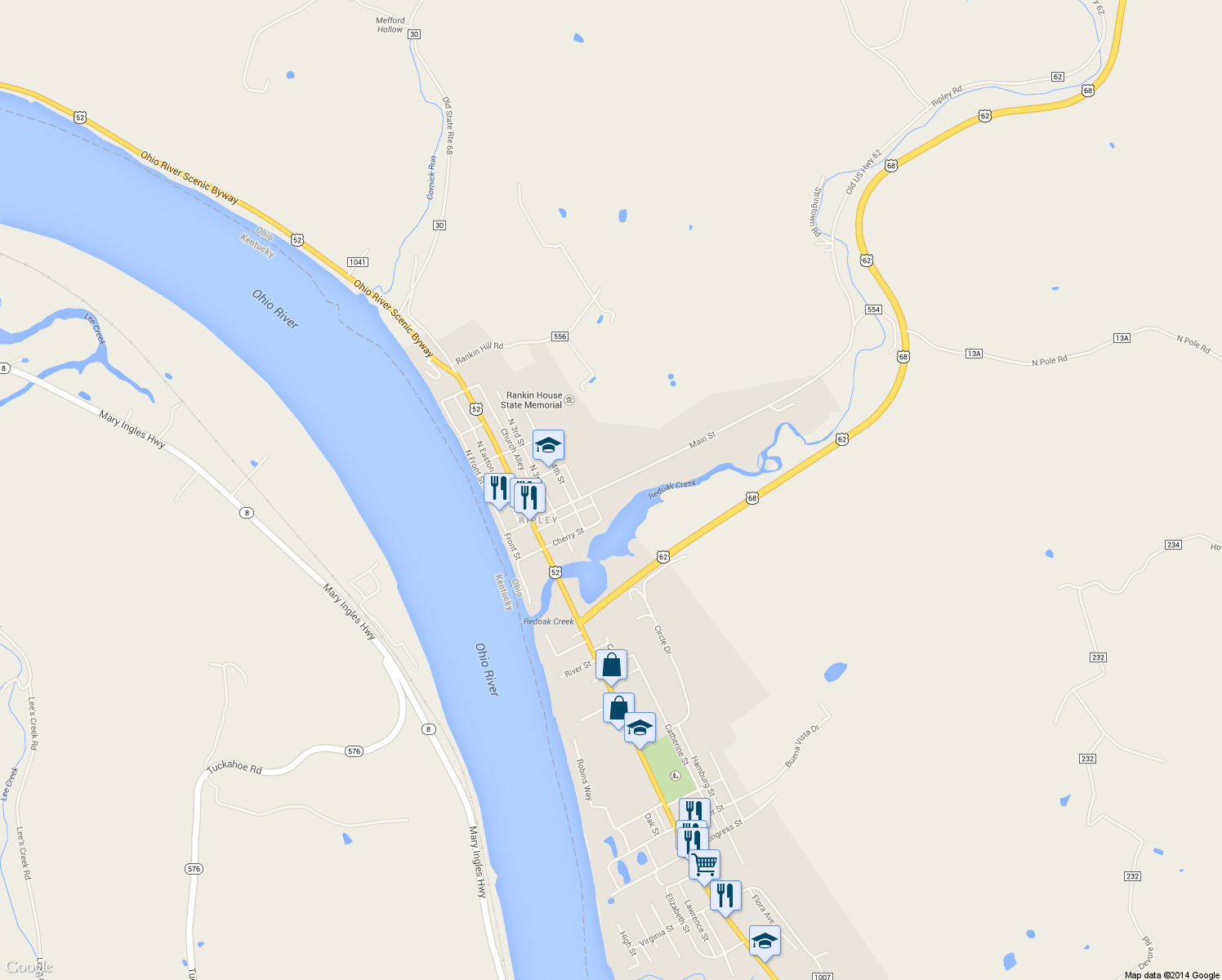 map of restaurants, bars, coffee shops, grocery stores, and more near 423 Main Street in Ripley