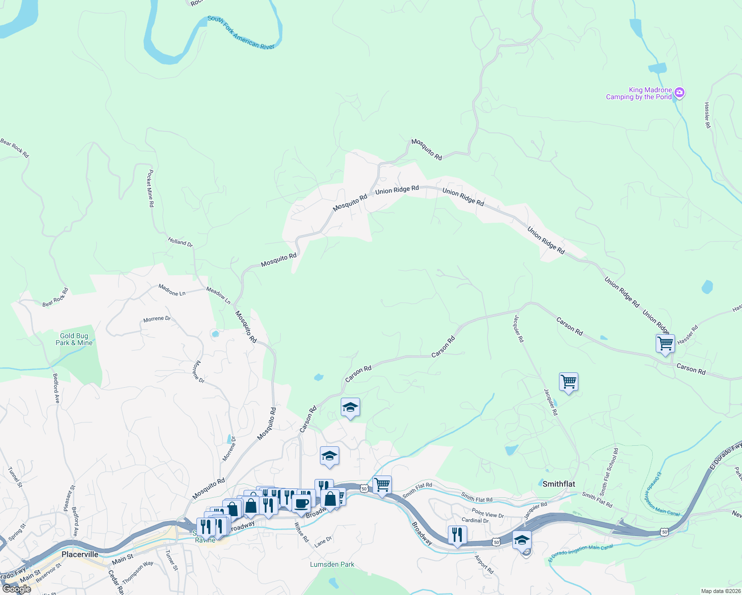 map of restaurants, bars, coffee shops, grocery stores, and more near 2399 Kingsgate Road in Placerville