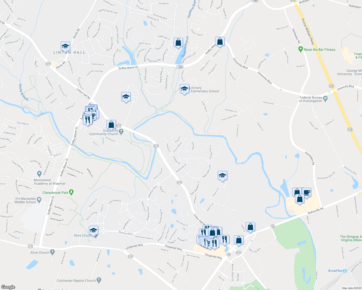 map of restaurants, bars, coffee shops, grocery stores, and more near 12075 Country Mill Drive in Bristow