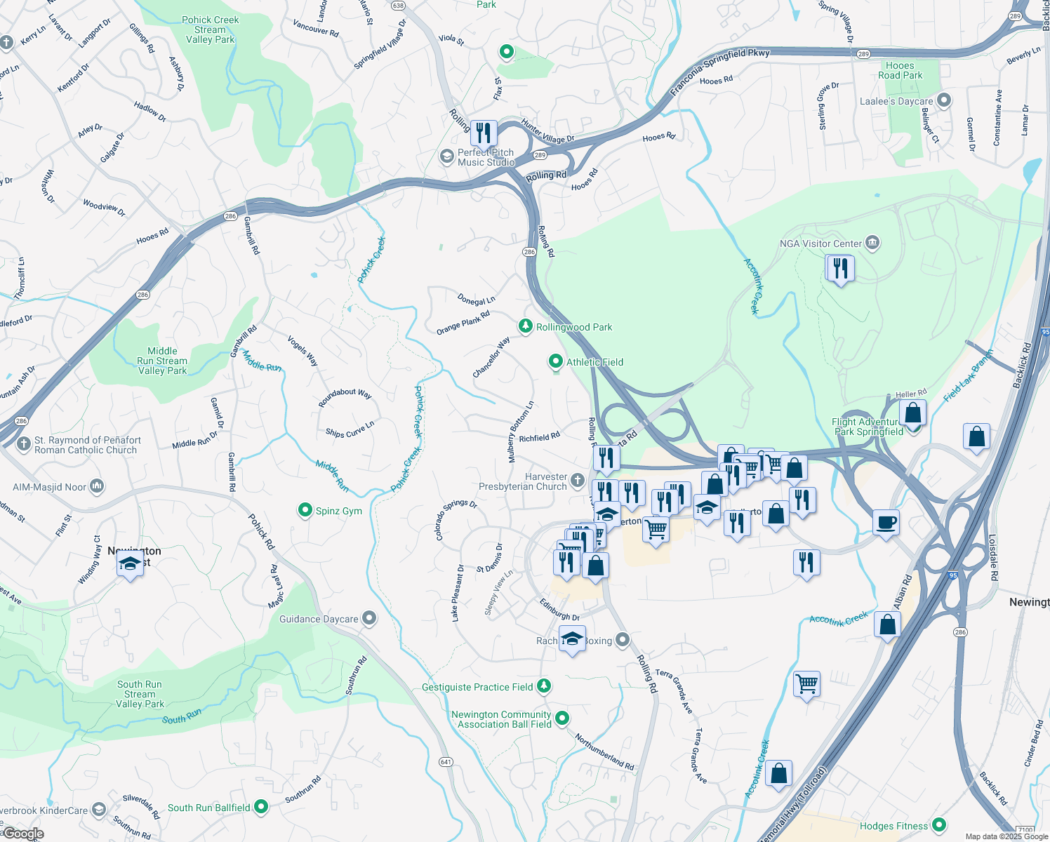 map of restaurants, bars, coffee shops, grocery stores, and more near 7728 Mulberry Bottom Lane in Springfield