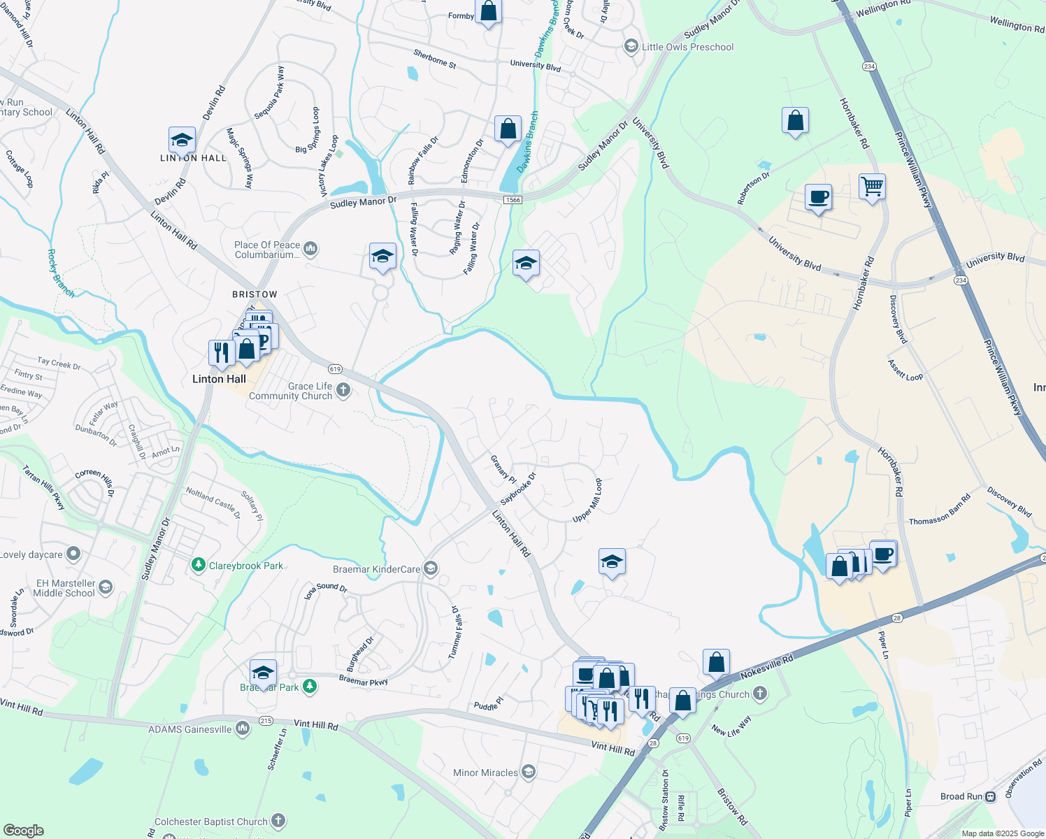 map of restaurants, bars, coffee shops, grocery stores, and more near 12061 Country Mill Drive in Bristow