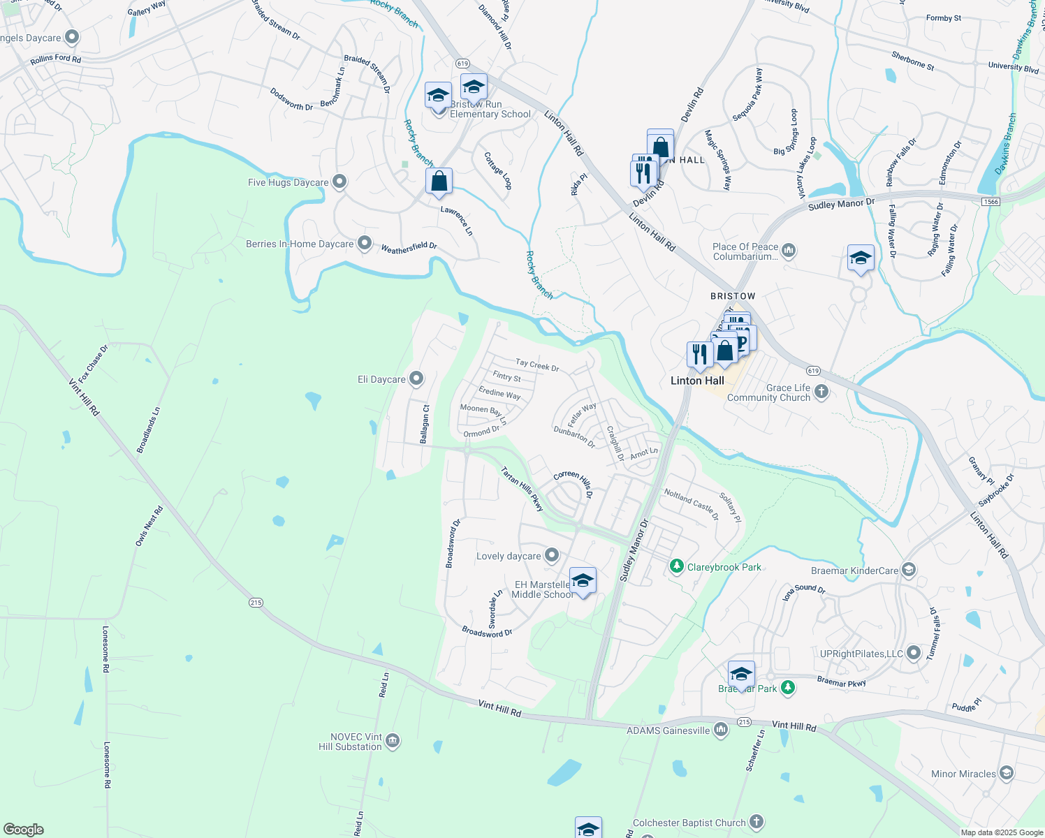 map of restaurants, bars, coffee shops, grocery stores, and more near 13057 Ormond Drive in Bristow