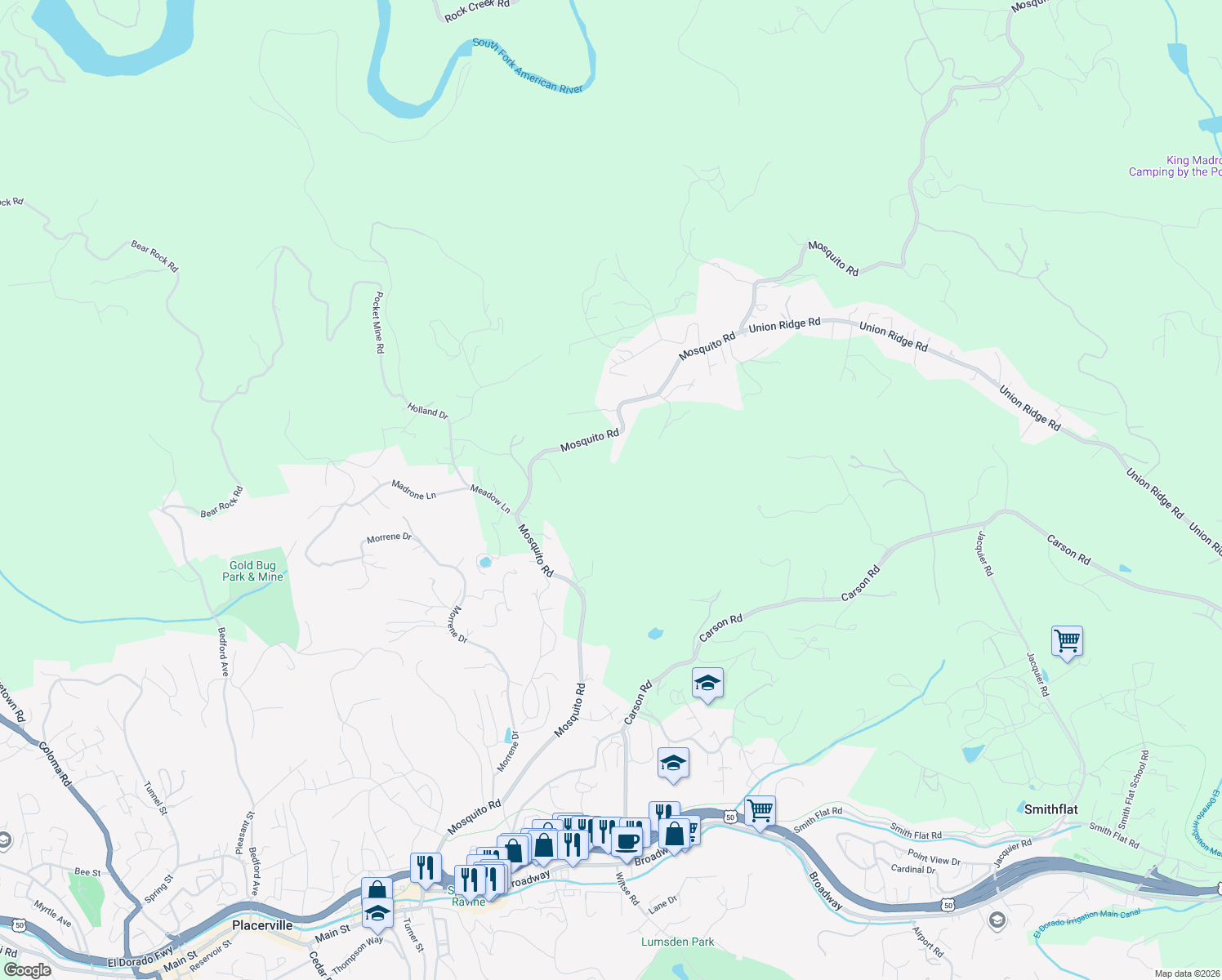 map of restaurants, bars, coffee shops, grocery stores, and more near 9425 Mosquito Road in Placerville