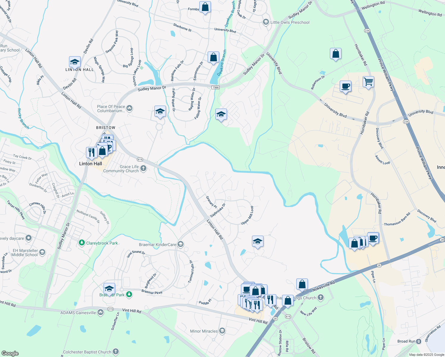 map of restaurants, bars, coffee shops, grocery stores, and more near 12047 Country Mill Dr in Bristow