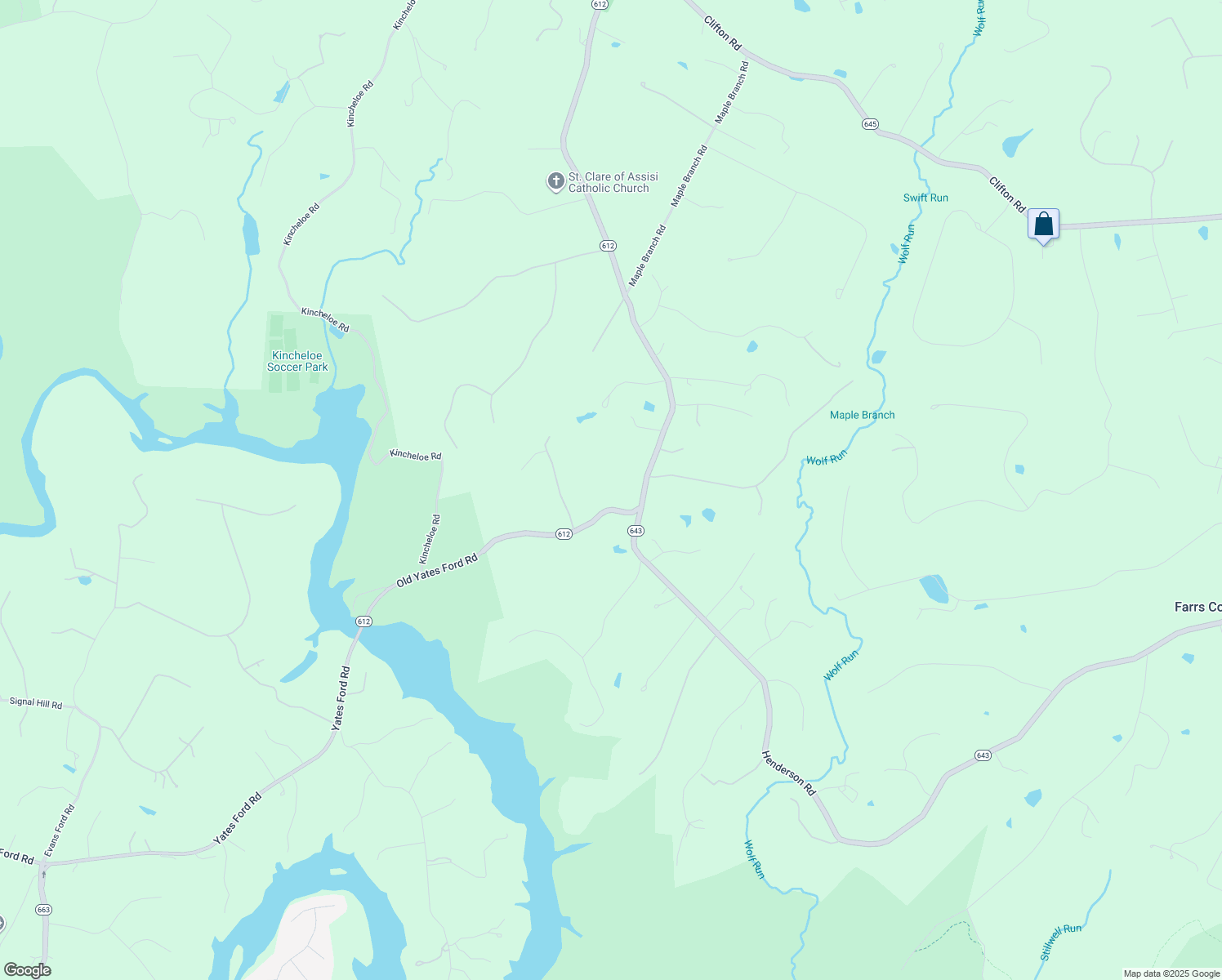 map of restaurants, bars, coffee shops, grocery stores, and more near 12402 Old Yates Ford Road in Clifton