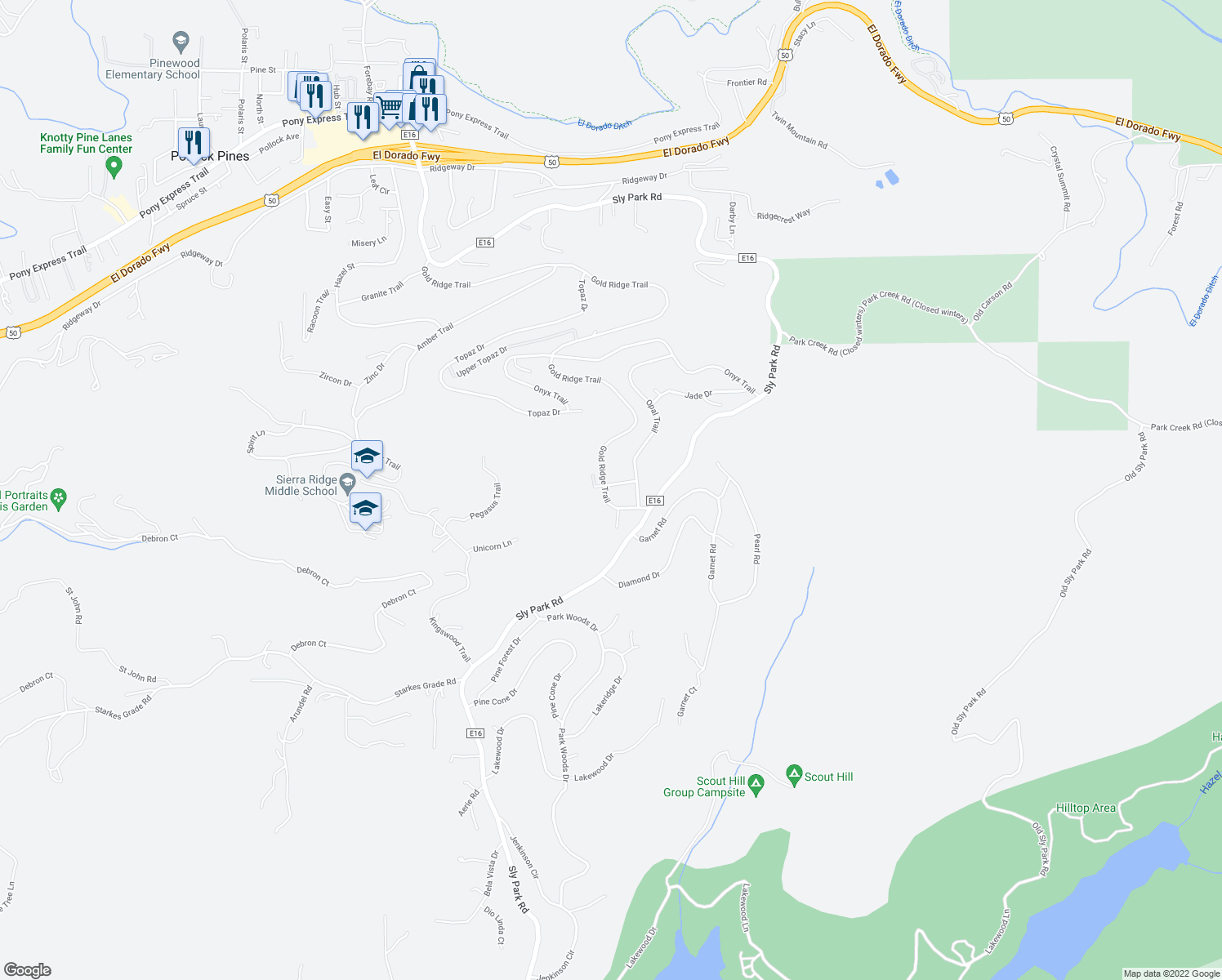 map of restaurants, bars, coffee shops, grocery stores, and more near 3335 Mercury Trail in Pollock Pines
