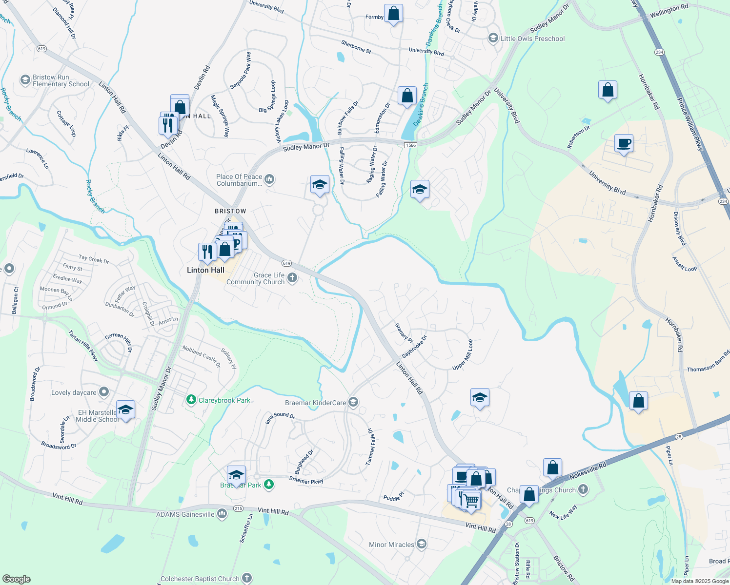 map of restaurants, bars, coffee shops, grocery stores, and more near 9640 Granary Place in Bristow