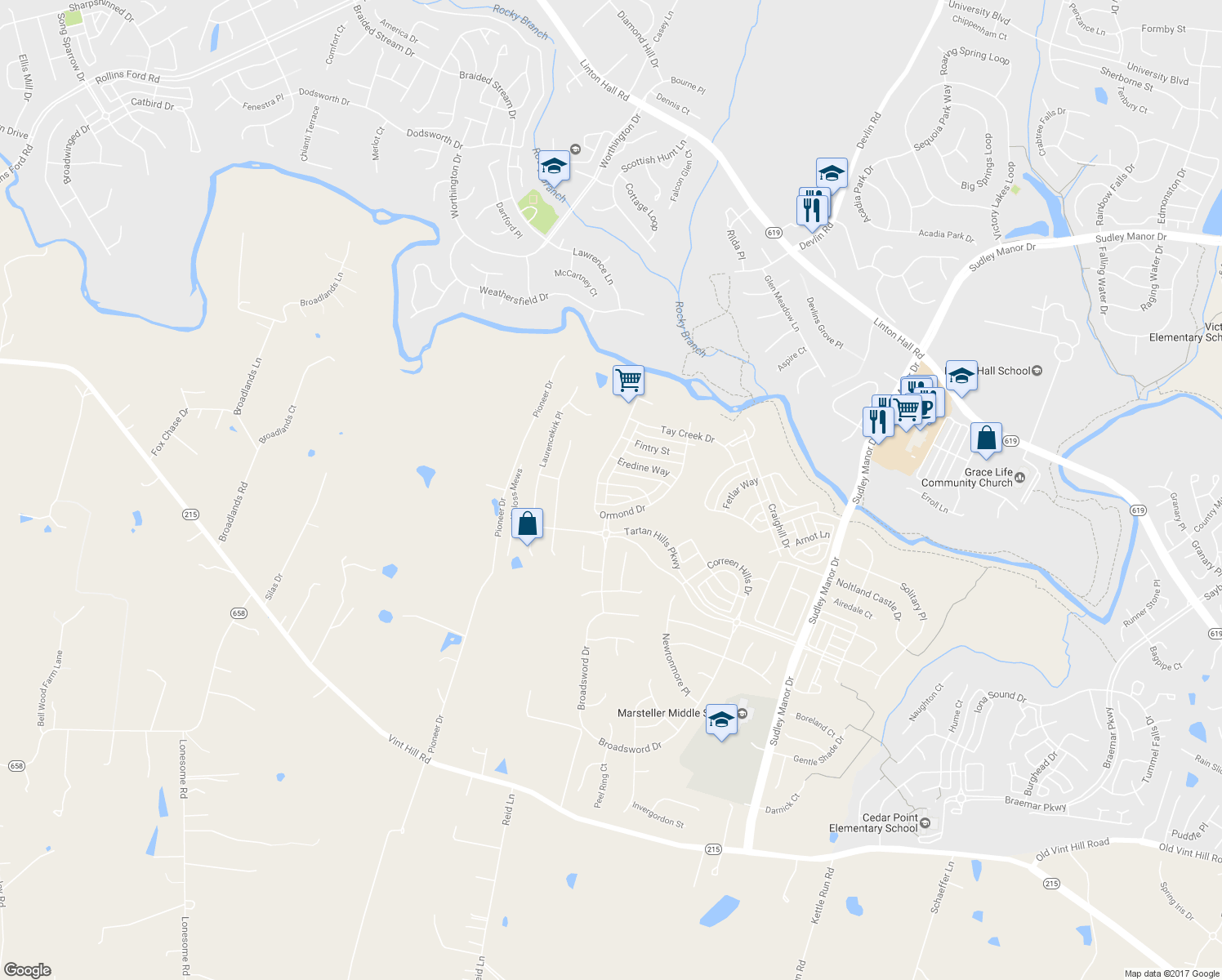 map of restaurants, bars, coffee shops, grocery stores, and more near 9502 Moonen Bay Lane in Bristow