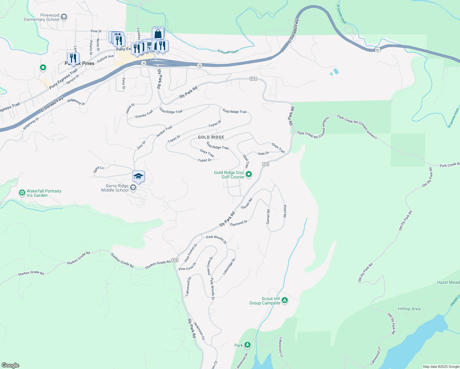 map of restaurants, bars, coffee shops, grocery stores, and more near 3335 Mercury Trail in Pollock Pines