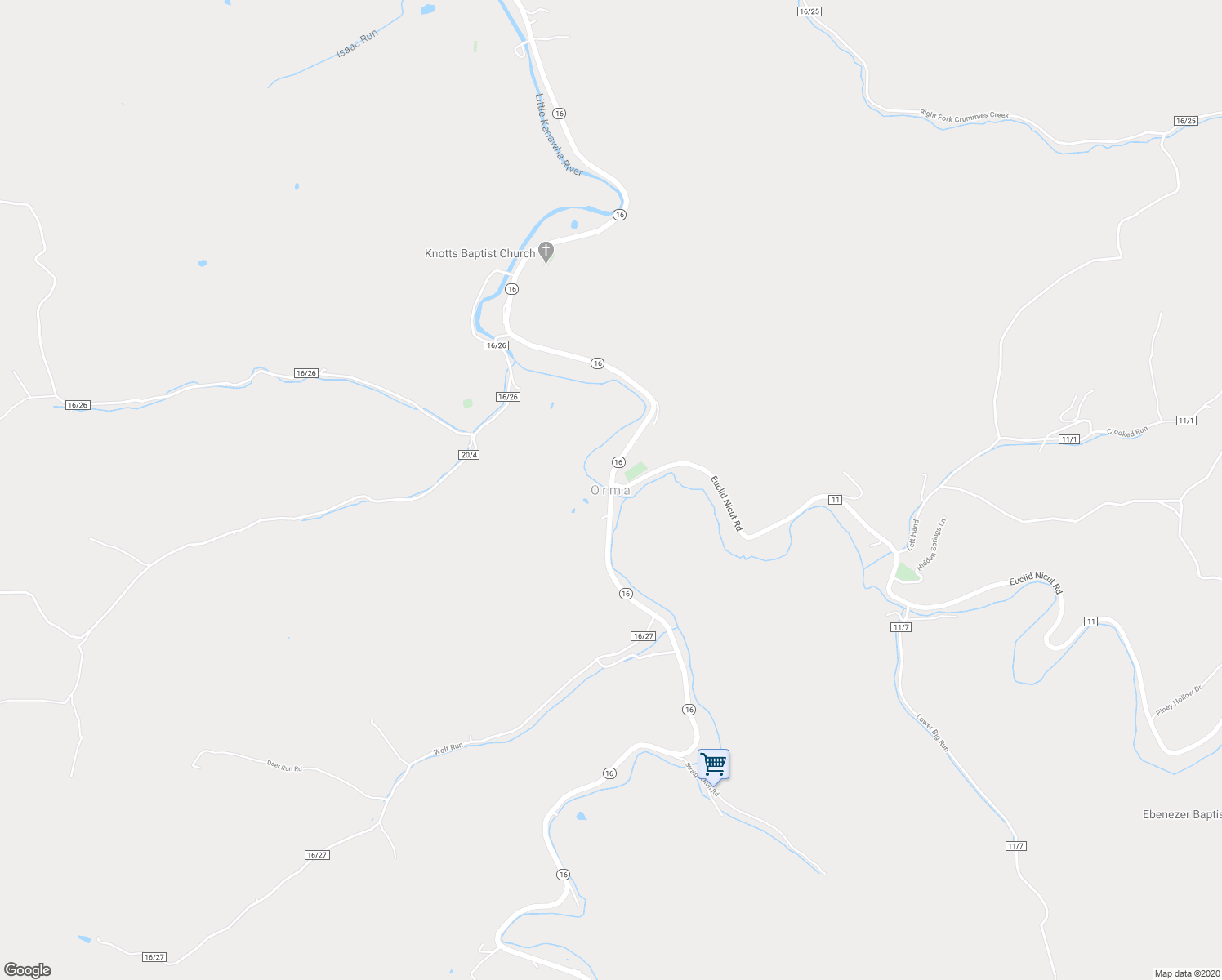 map of restaurants, bars, coffee shops, grocery stores, and more near West Virginia 16 in Orma