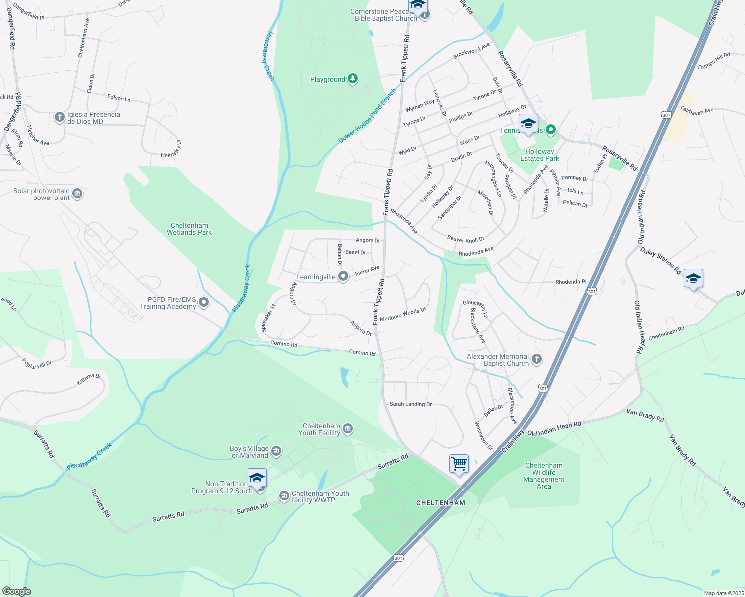 map of restaurants, bars, coffee shops, grocery stores, and more near 10217 Frank Tippett Road in Cheltenham