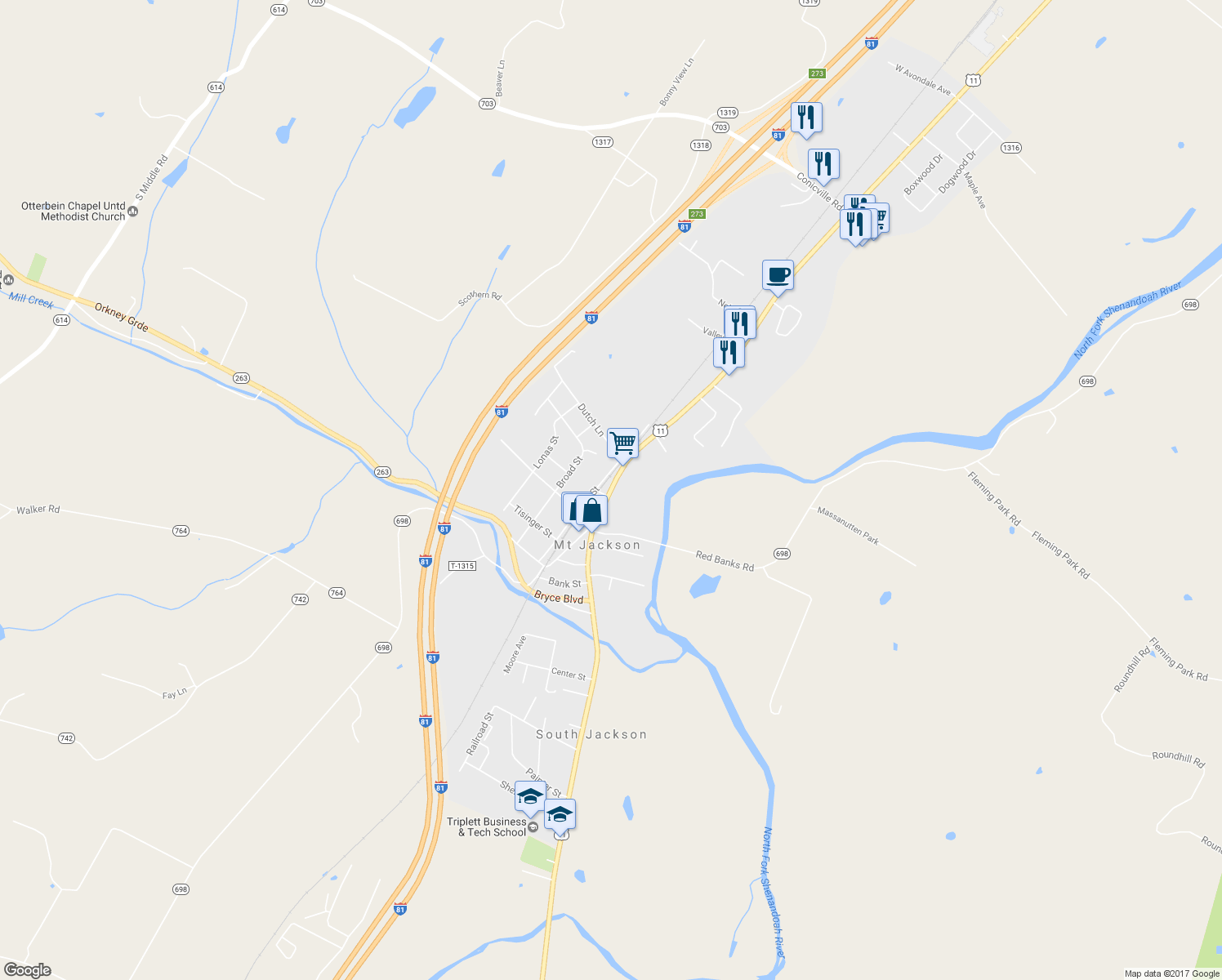 map of restaurants, bars, coffee shops, grocery stores, and more near 5880 Main Street in Mount Jackson