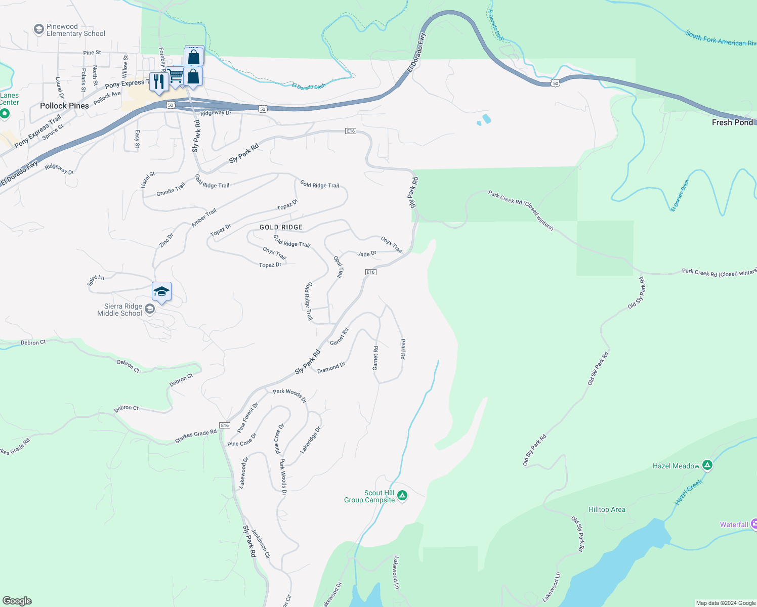 map of restaurants, bars, coffee shops, grocery stores, and more near 3952 Pearl Road in Pollock Pines