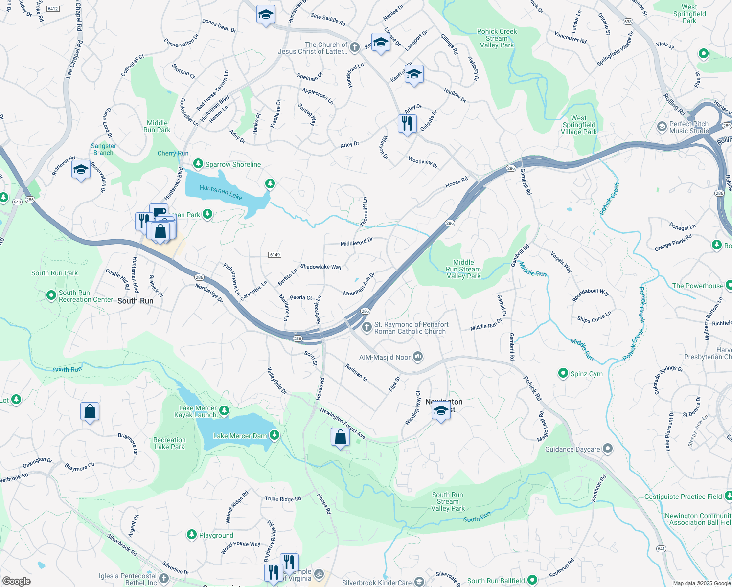 map of restaurants, bars, coffee shops, grocery stores, and more near 7703 White Willow Court in Springfield