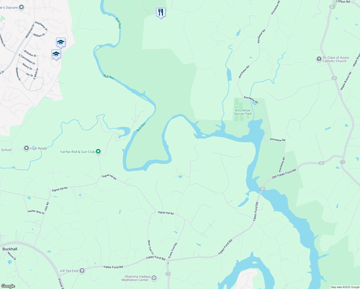map of restaurants, bars, coffee shops, grocery stores, and more near 9600 Evans Ford Road in Manassas
