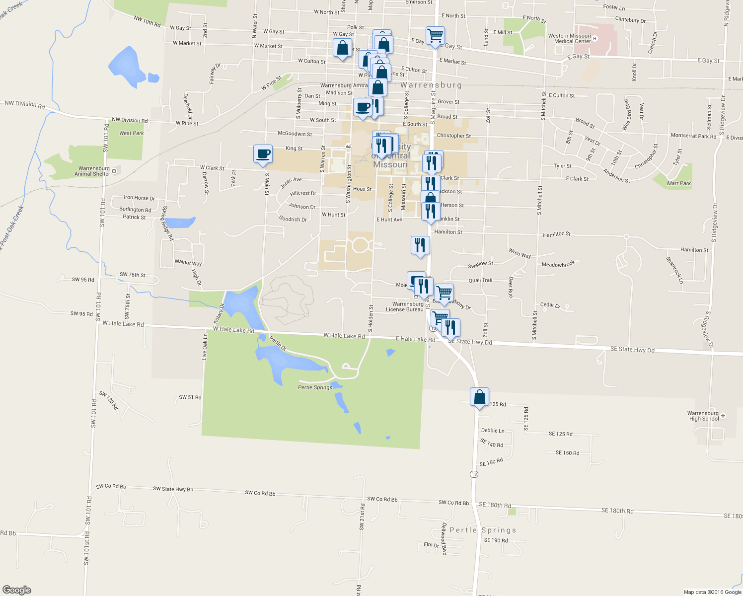 map of restaurants, bars, coffee shops, grocery stores, and more near 1205 S Holden St in Warrensburg