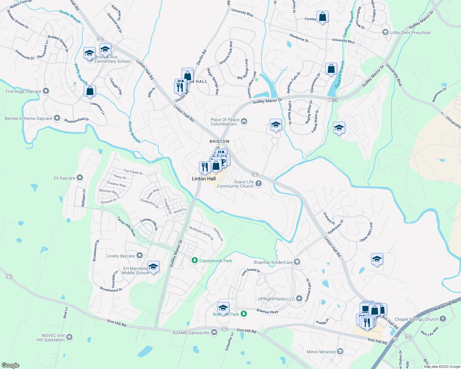 map of restaurants, bars, coffee shops, grocery stores, and more near 9528 TARVIE Circle in Bristow