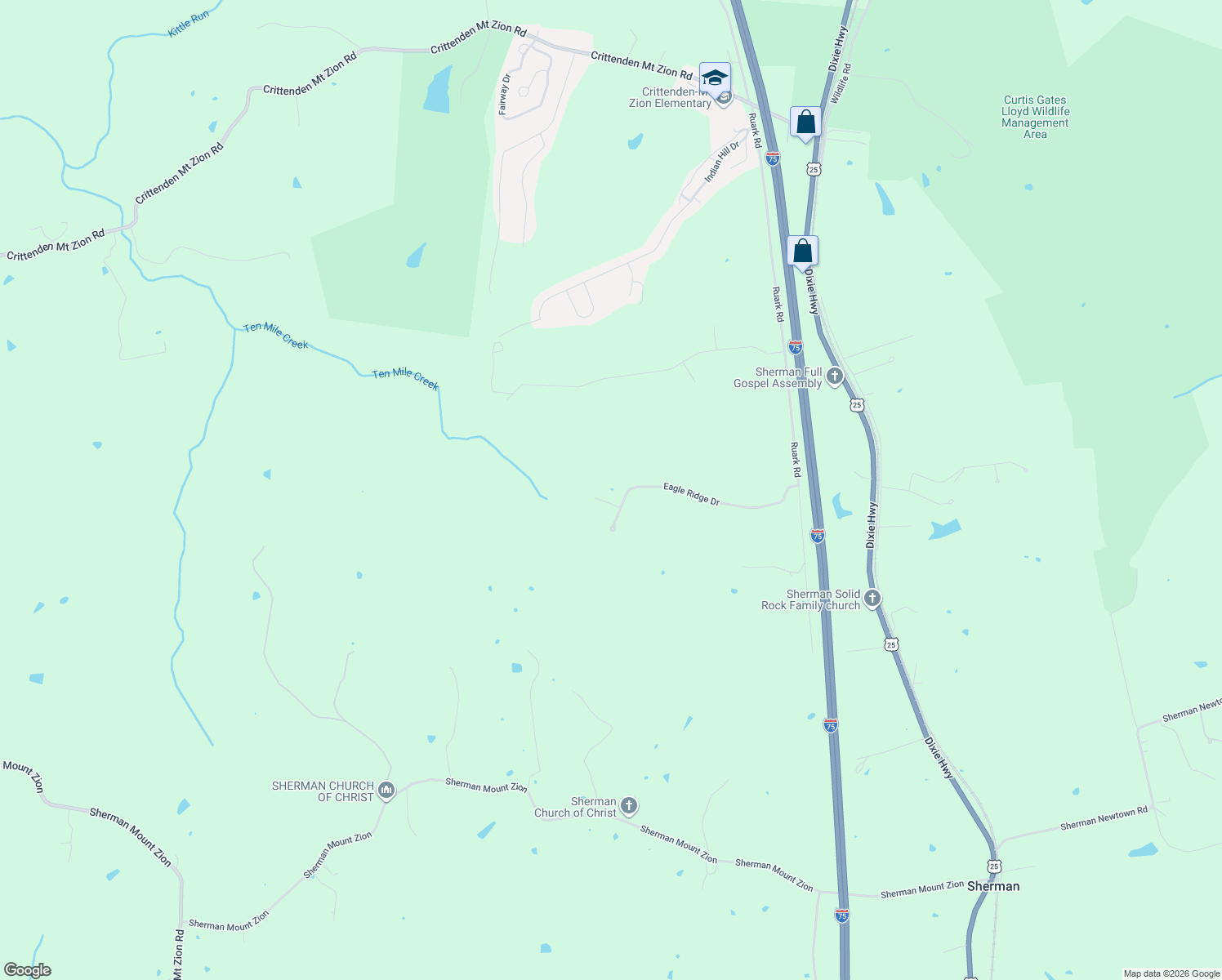 map of restaurants, bars, coffee shops, grocery stores, and more near 355 Eagle Ridge Drive in Dry Ridge