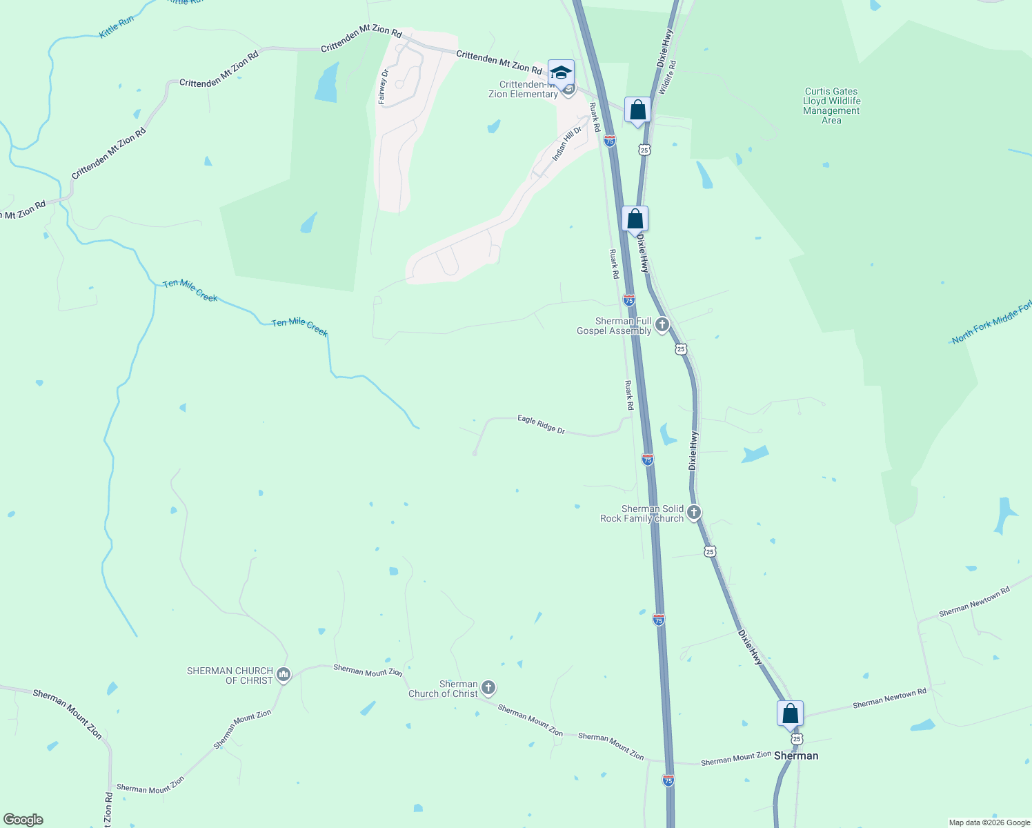 map of restaurants, bars, coffee shops, grocery stores, and more near 305 Eagle Ridge Drive in Dry Ridge