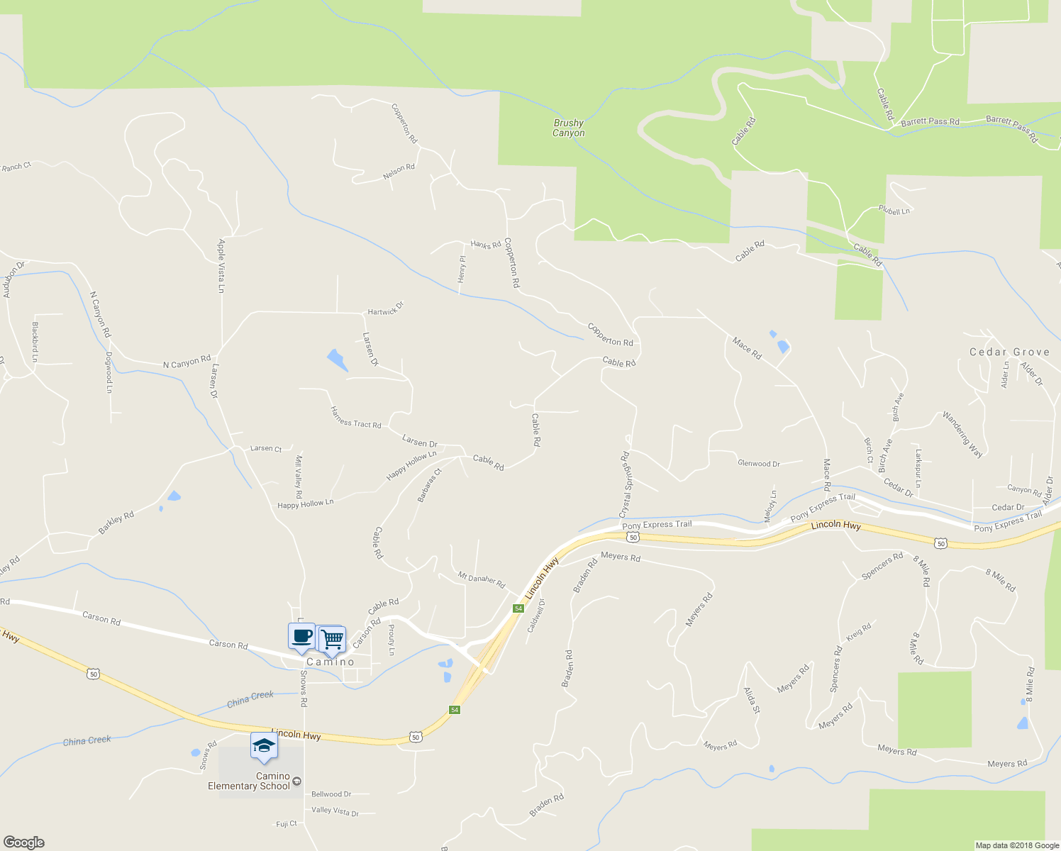 map of restaurants, bars, coffee shops, grocery stores, and more near 2280 Cable Road in Camino