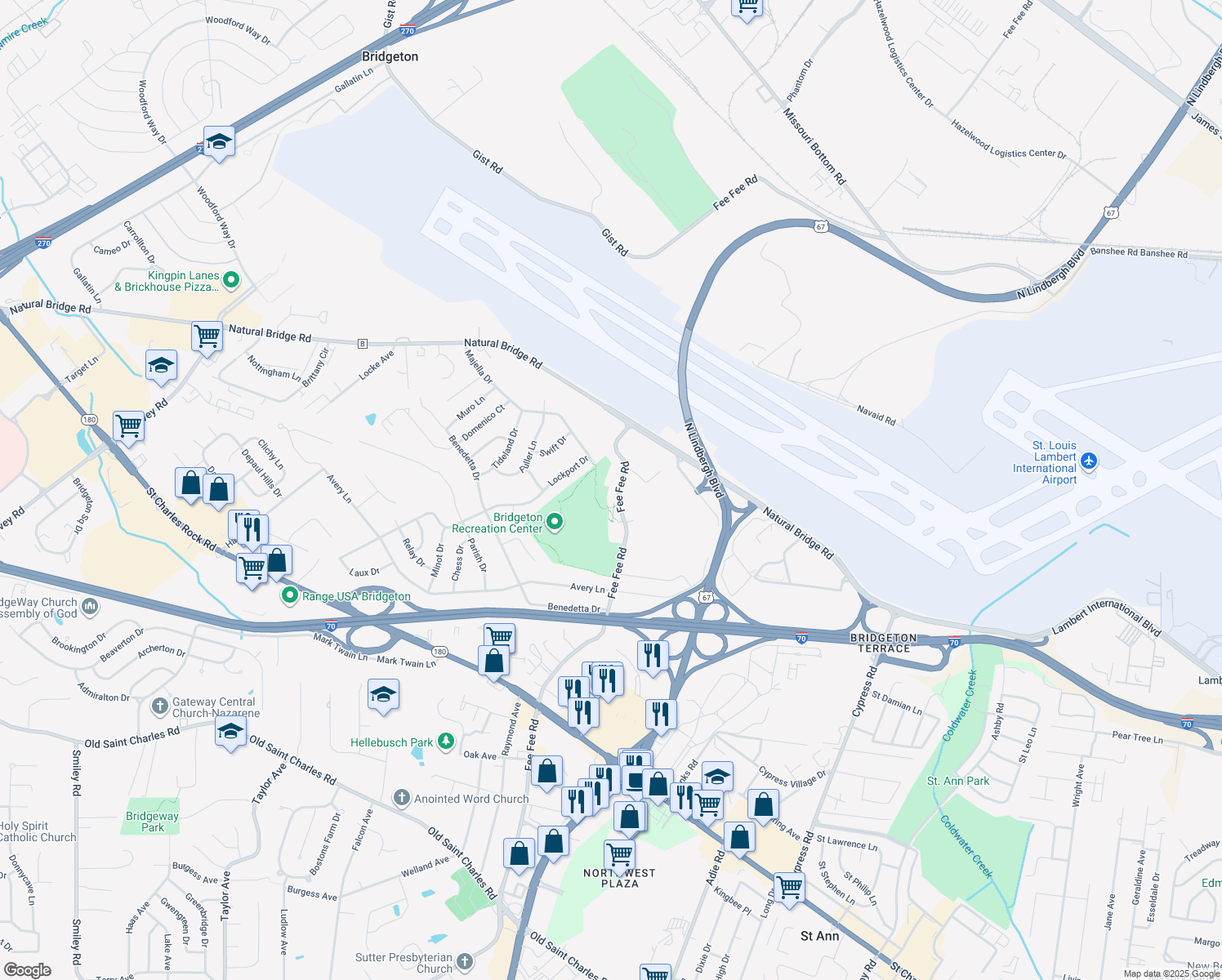 map of restaurants, bars, coffee shops, grocery stores, and more near 4315 Fee Fee Rd in Bridgeton