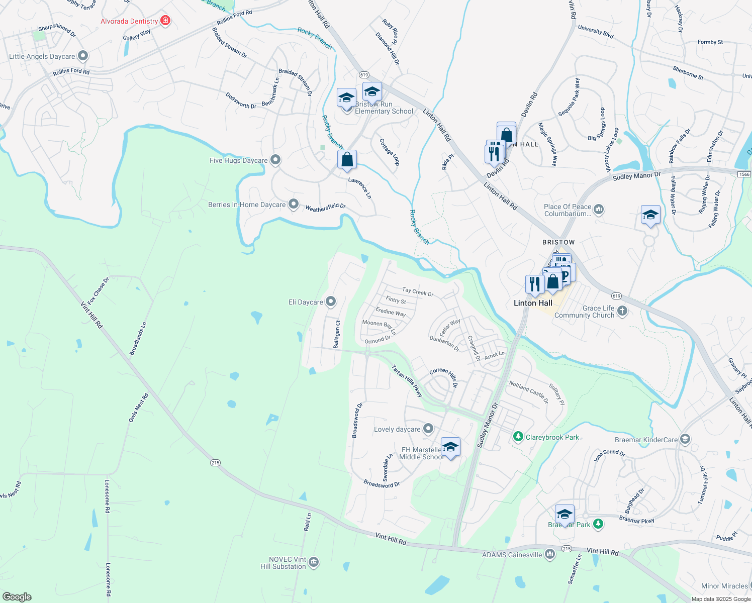map of restaurants, bars, coffee shops, grocery stores, and more near 13226 Ormond Drive in Bristow