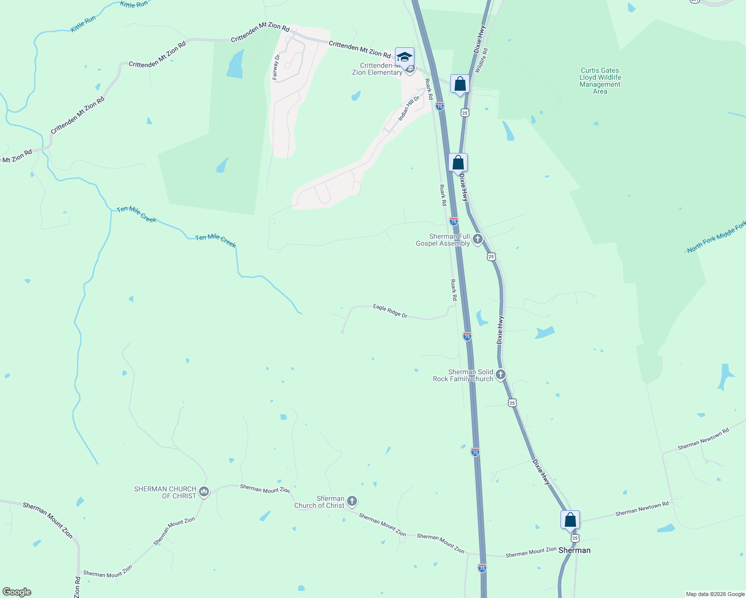 map of restaurants, bars, coffee shops, grocery stores, and more near 305 Eagle Ridge Drive in Dry Ridge