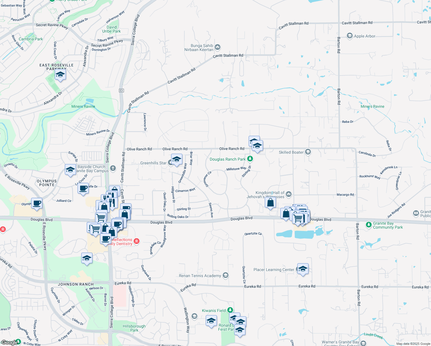 map of restaurants, bars, coffee shops, grocery stores, and more near 5025 Grosvenor Circle in Granite Bay