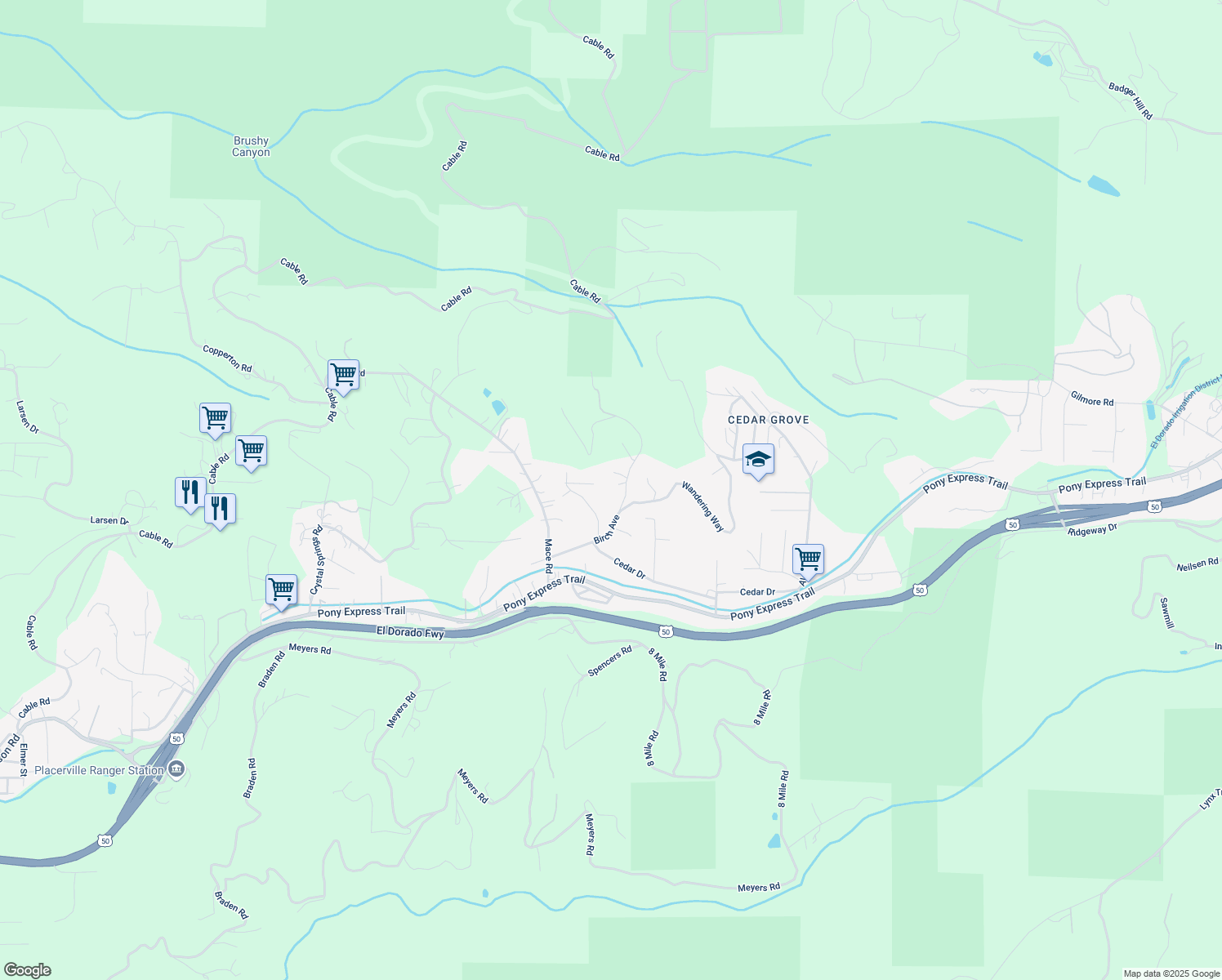 map of restaurants, bars, coffee shops, grocery stores, and more near 2830 Birch Avenue in Camino