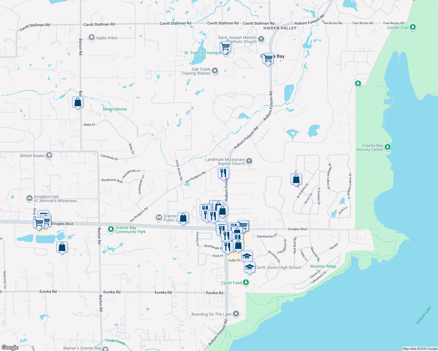 map of restaurants, bars, coffee shops, grocery stores, and more near 8195 Vargas Lane in Granite Bay