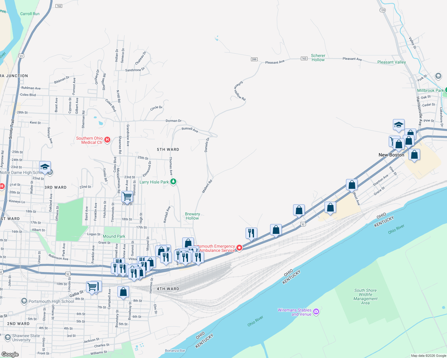map of restaurants, bars, coffee shops, grocery stores, and more near 2274 Mabert Road in Portsmouth