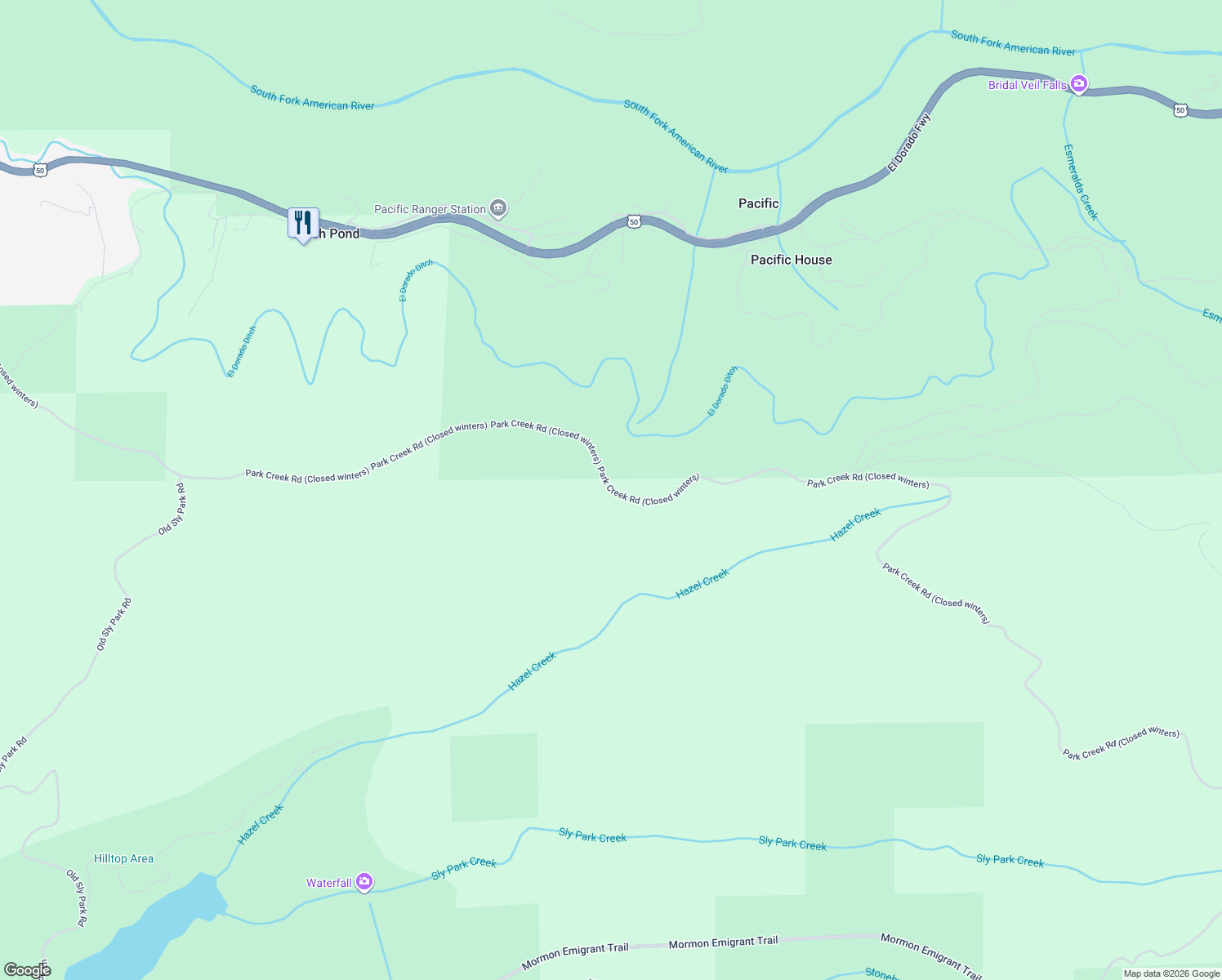 map of restaurants, bars, coffee shops, grocery stores, and more near Park Creek Road in Pollock Pines