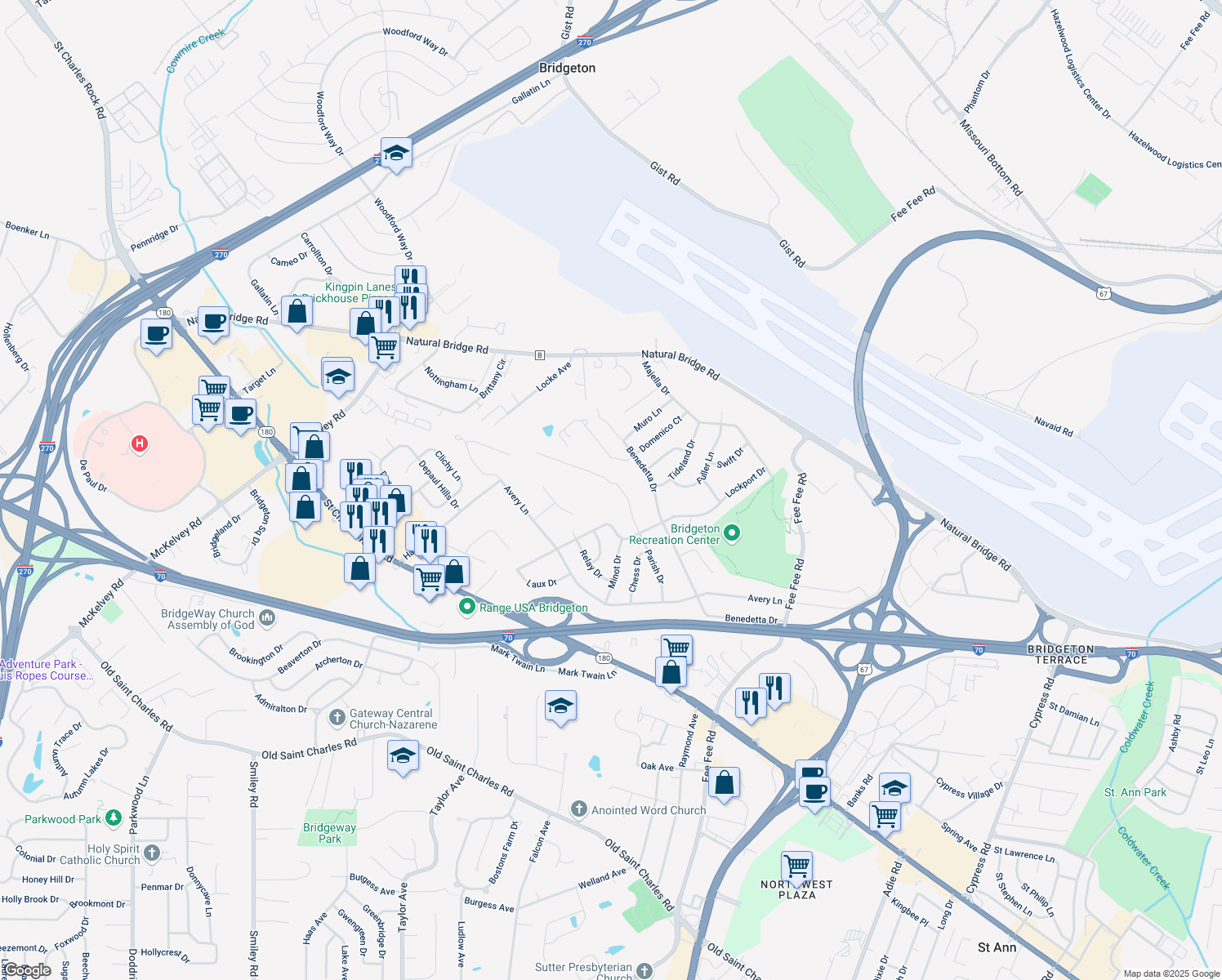 map of restaurants, bars, coffee shops, grocery stores, and more near 11790 Parish Dr in Bridgeton