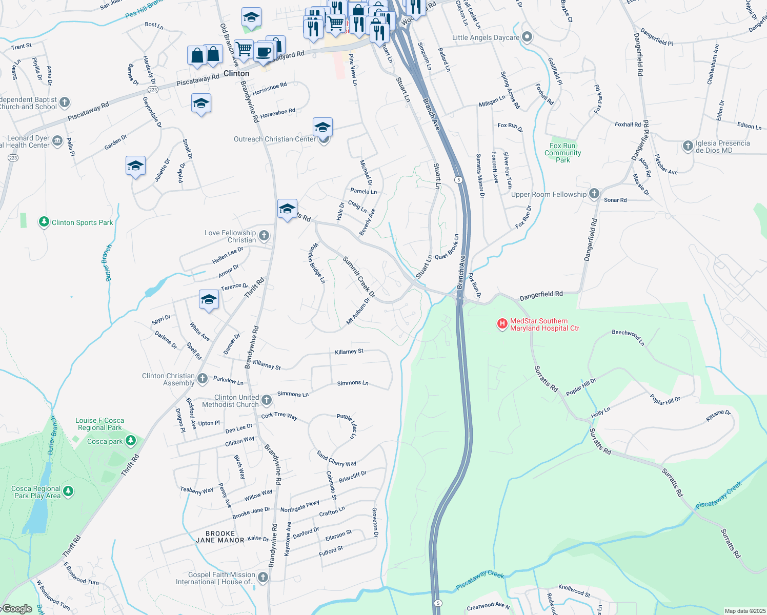 map of restaurants, bars, coffee shops, grocery stores, and more near 7104 Huckleberry Ct in Clinton