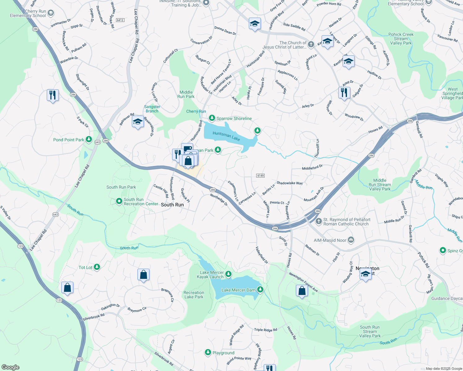 map of restaurants, bars, coffee shops, grocery stores, and more near 9127 Fisherman's Lane in Springfield