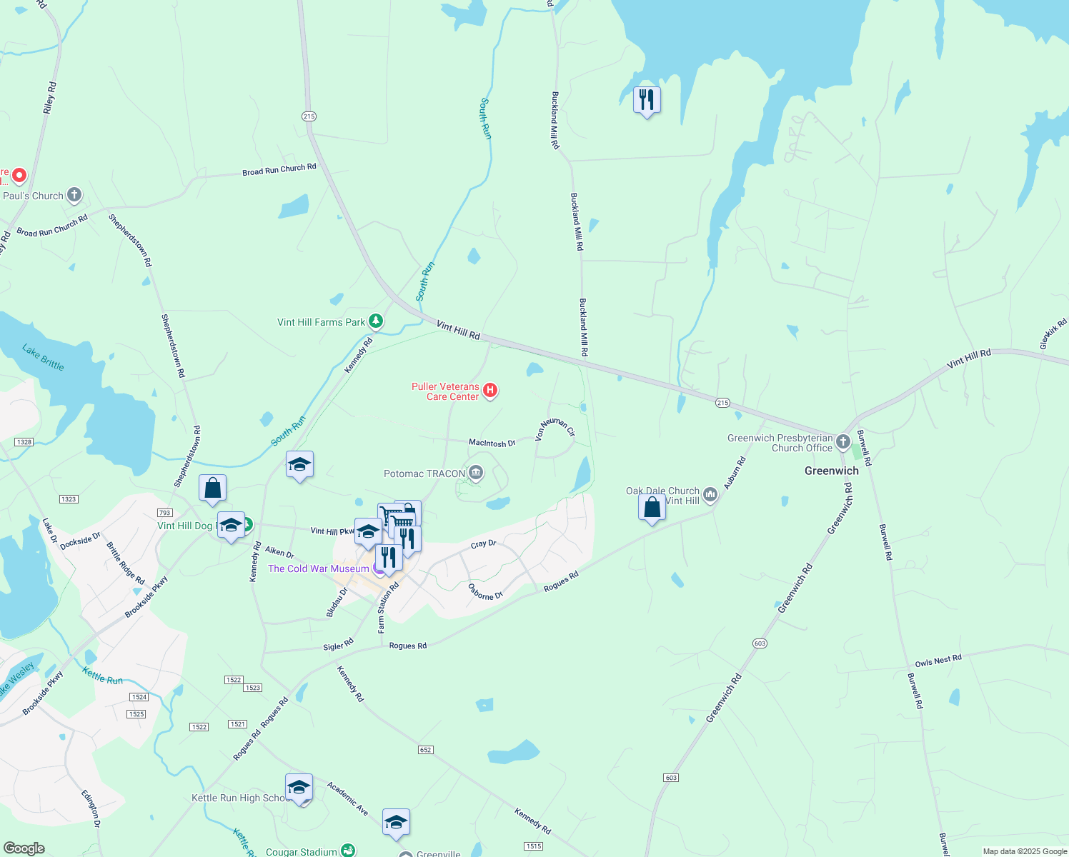 map of restaurants, bars, coffee shops, grocery stores, and more near 4033 Von Neuman Circle in Warrenton
