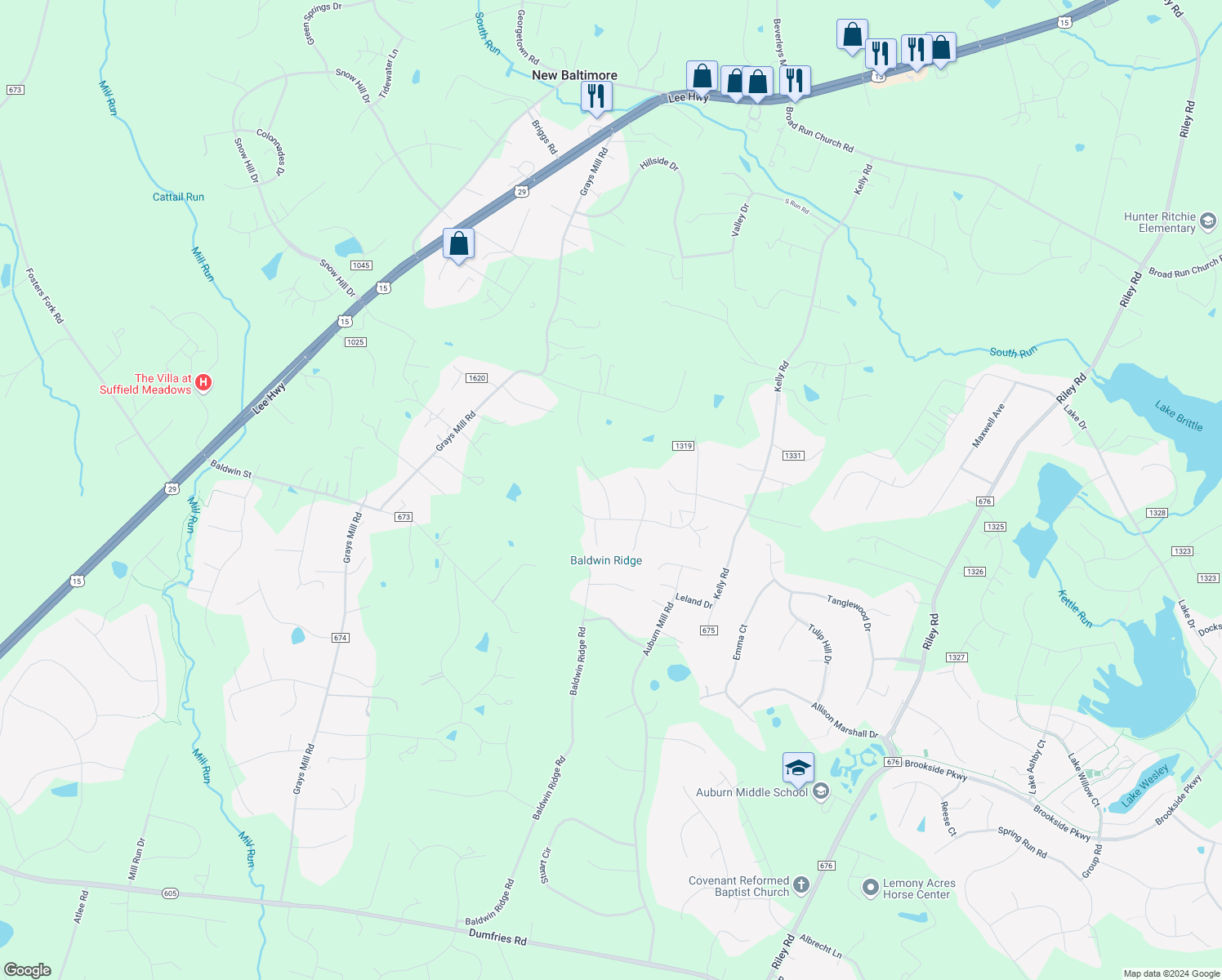 map of restaurants, bars, coffee shops, grocery stores, and more near 7001 Settlers Ridge Road in Warrenton