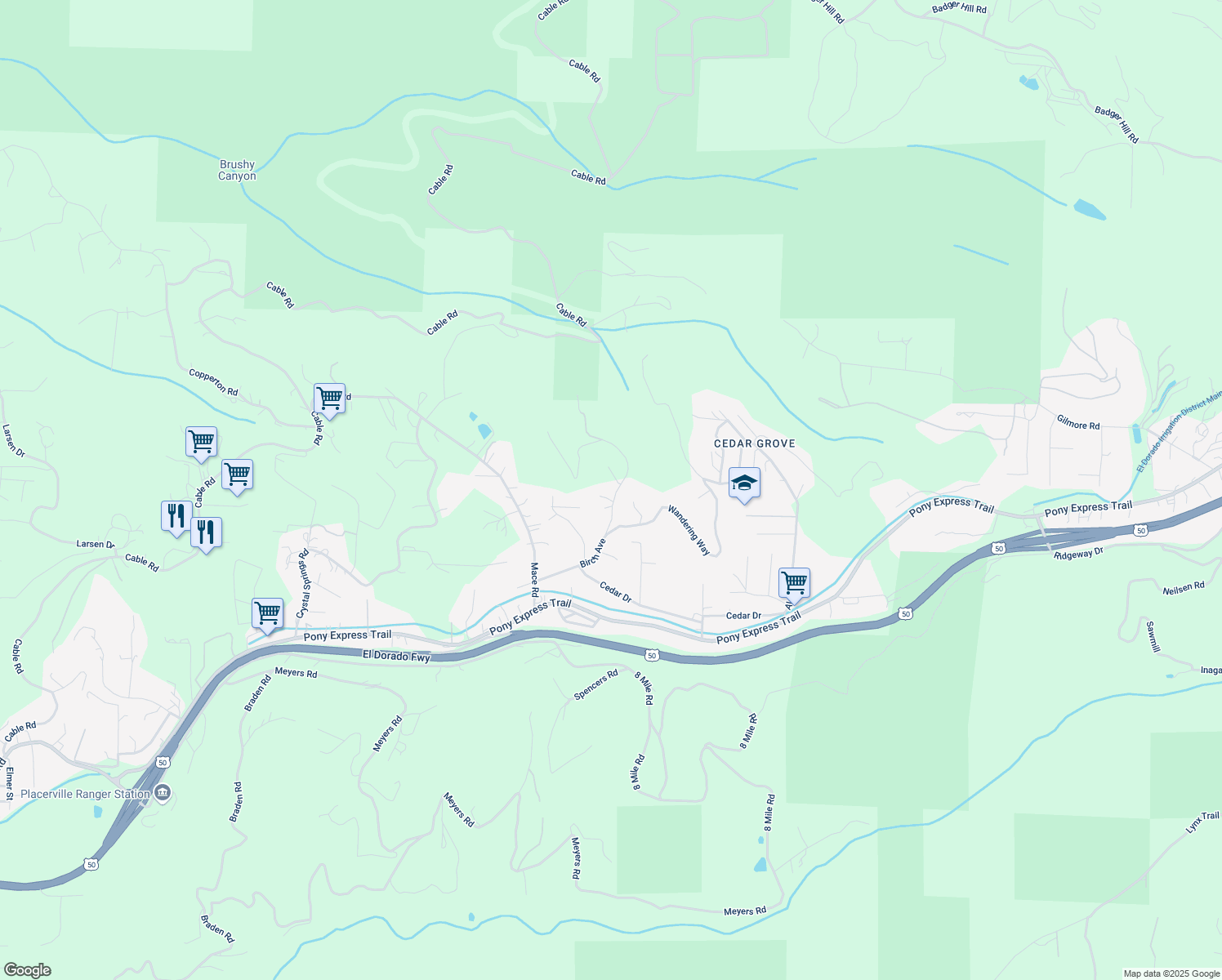 map of restaurants, bars, coffee shops, grocery stores, and more near 2800 Birch Avenue in Camino