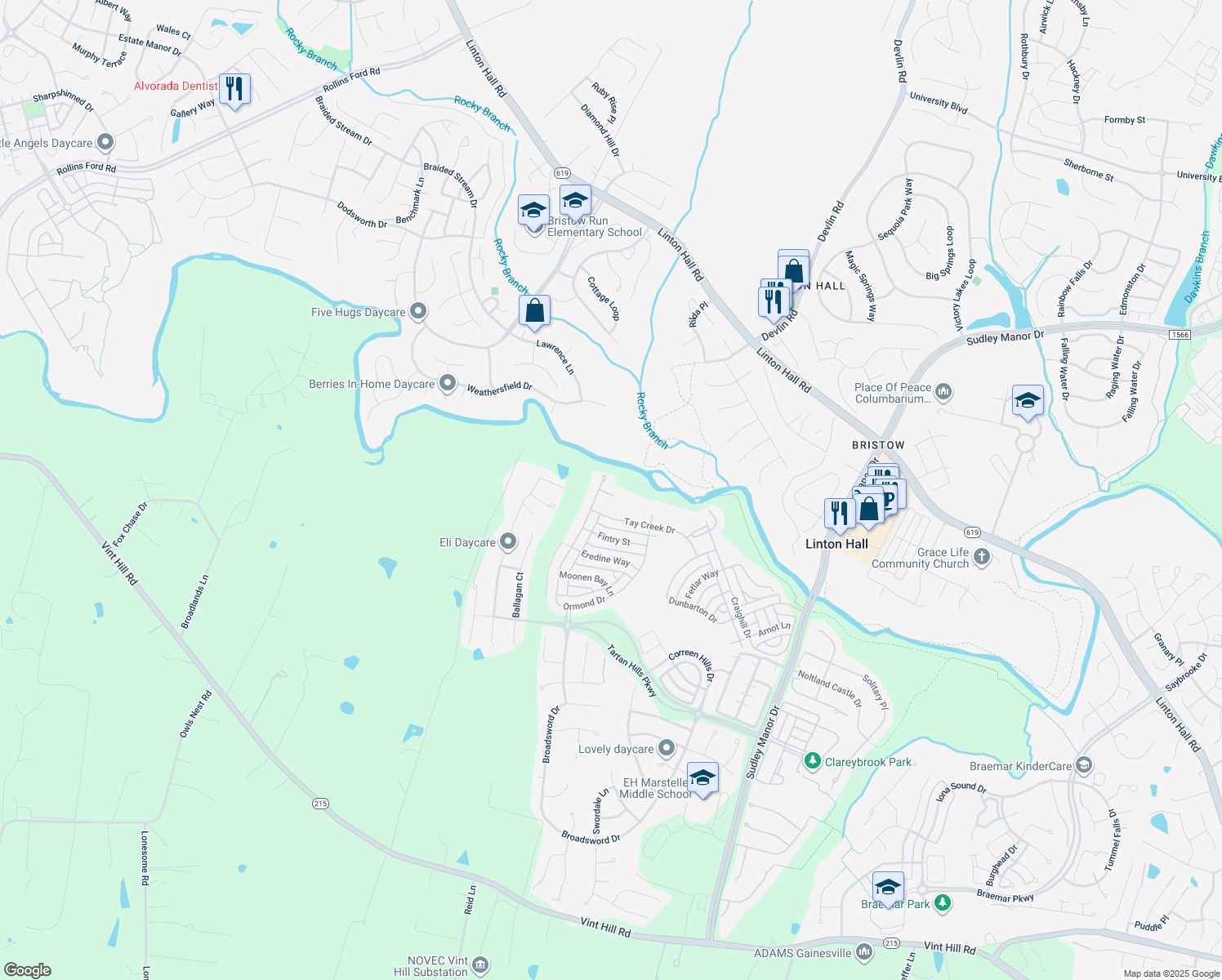 map of restaurants, bars, coffee shops, grocery stores, and more near 9417 Struthers Glen Court in Bristow