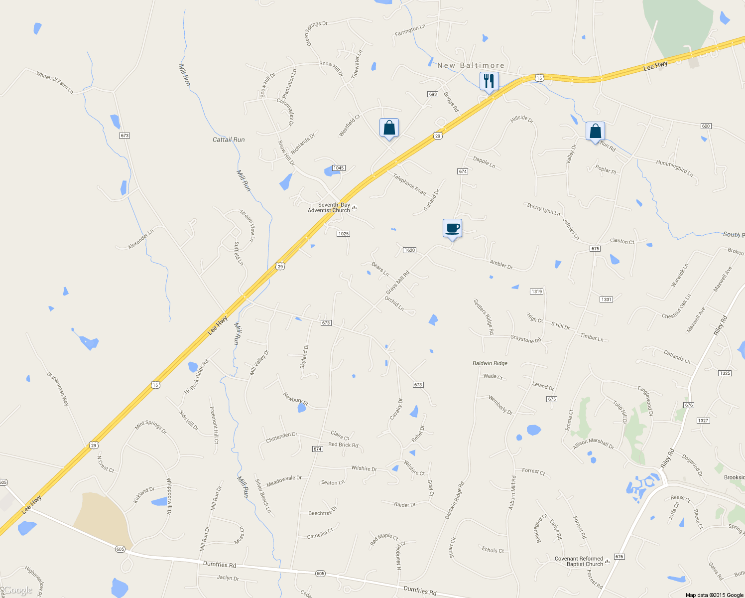 map of restaurants, bars, coffee shops, grocery stores, and more near 6802 Grays Mill Road in Warrenton