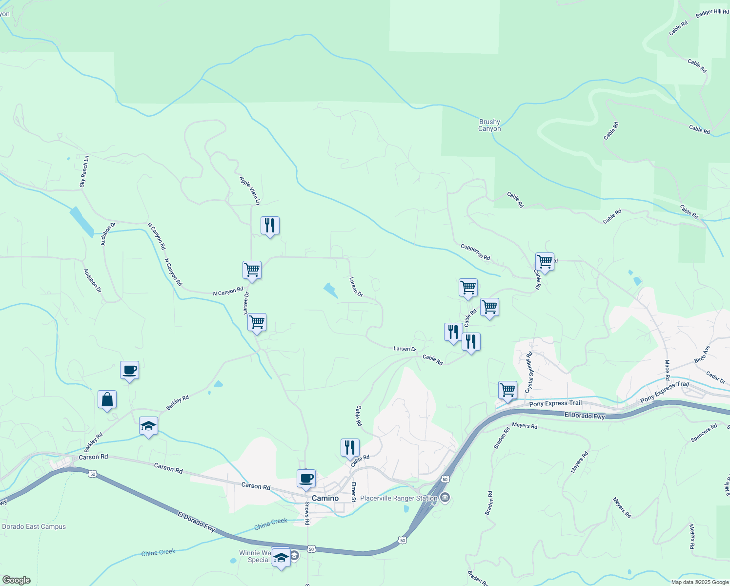 map of restaurants, bars, coffee shops, grocery stores, and more near 2148 Larsen Drive in Camino
